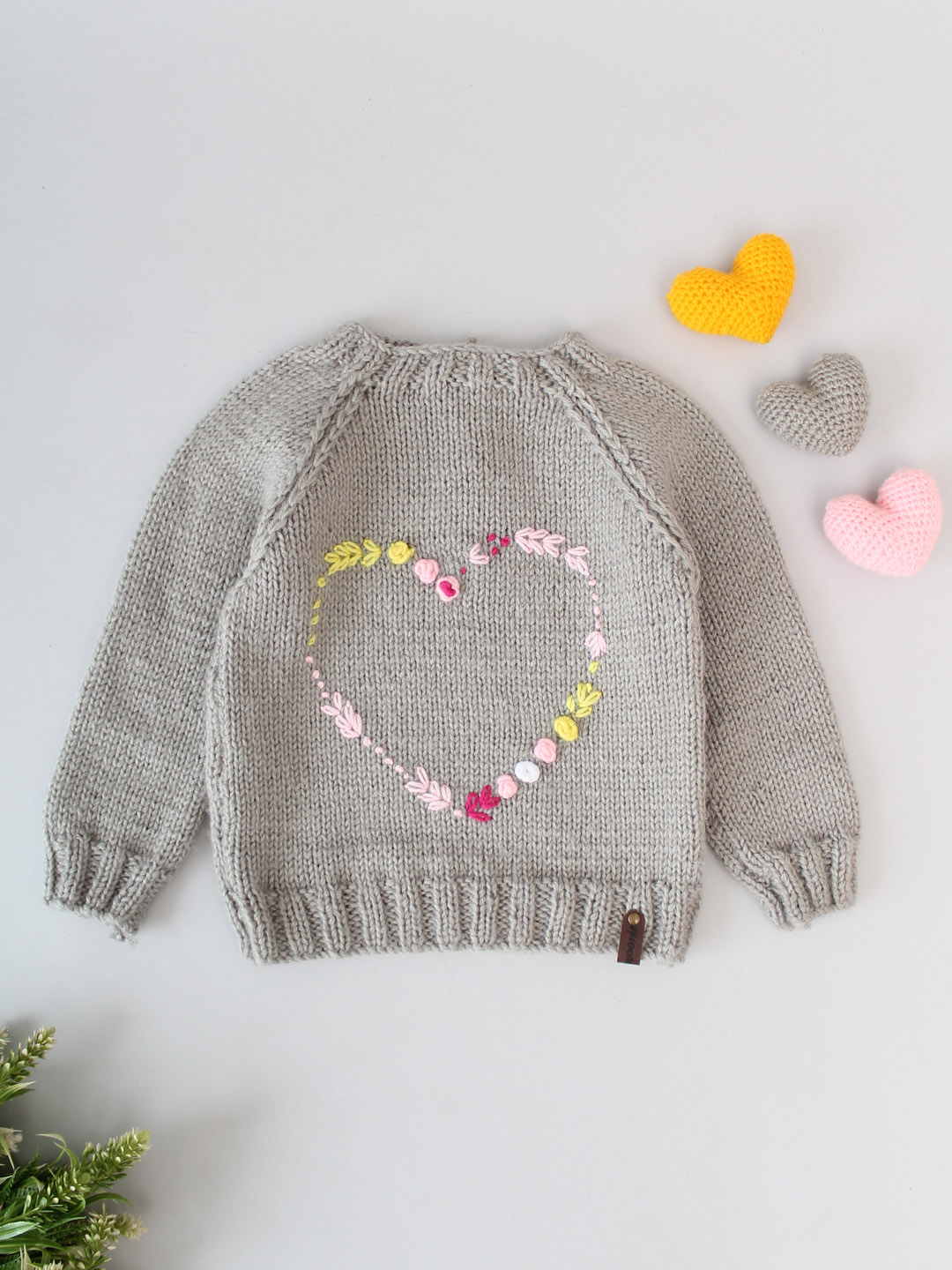 Handknitted Heart Embroidered Sweater for Kids - Grey