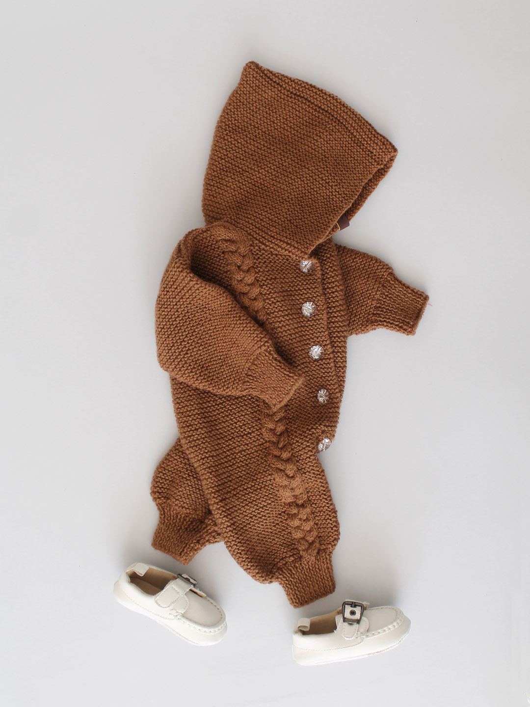 Handknitted Hooded Cable Knit Jumpsuit for Infants - Brown
