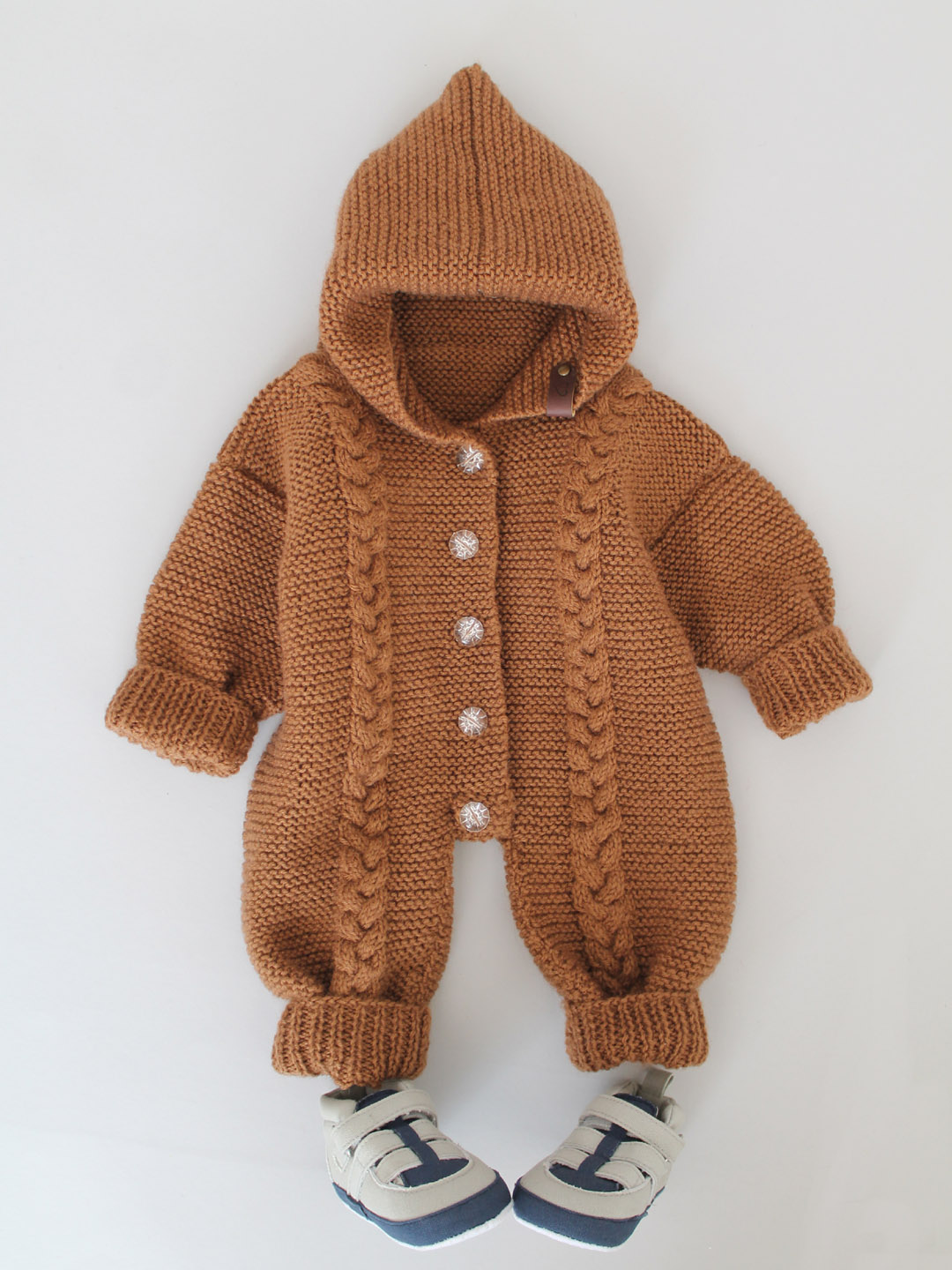 Handknitted Hooded Cable Knit Jumpsuit for Infants - Brown