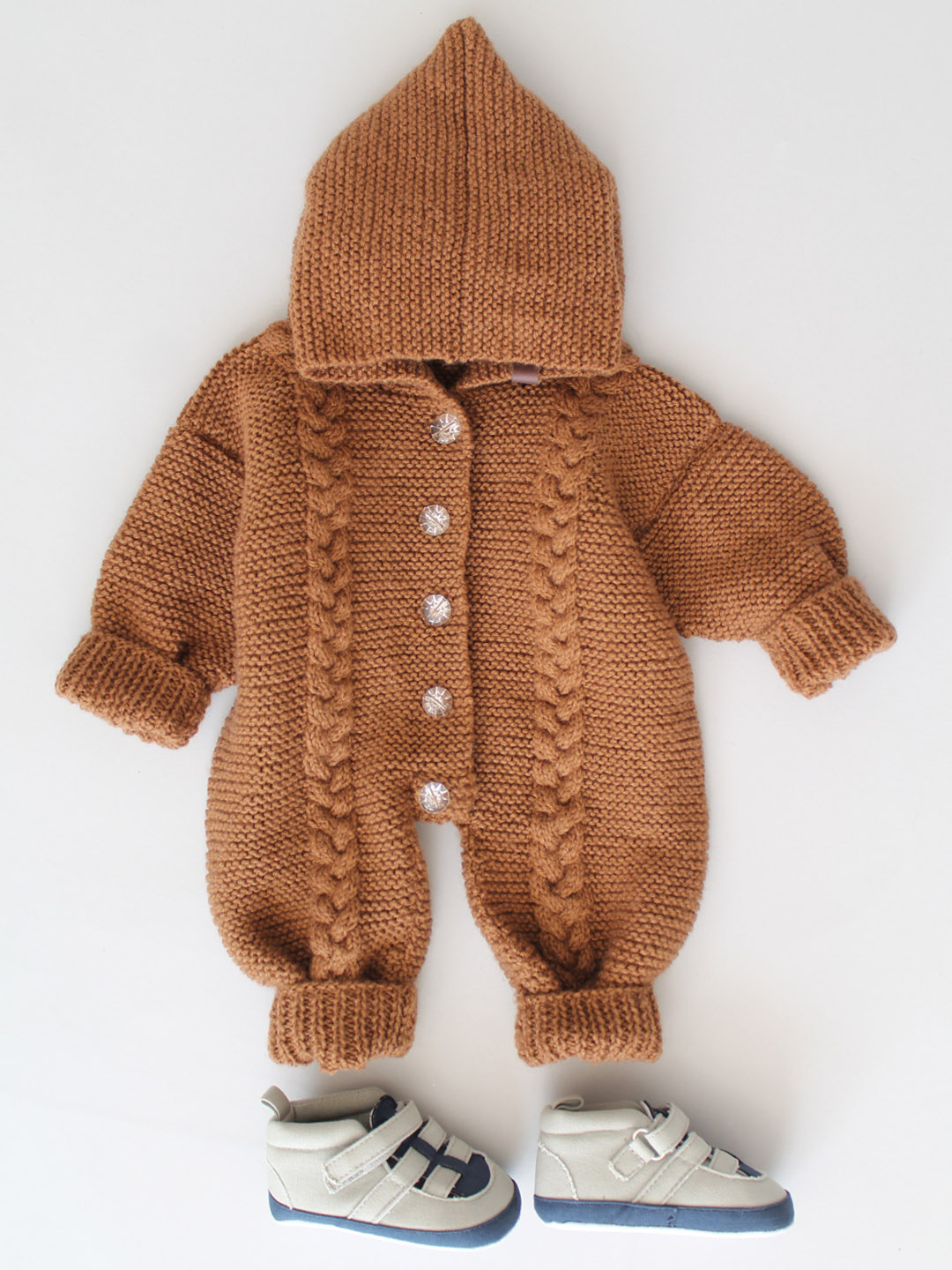 Handknitted Hooded Cable Knit Jumpsuit for Infants - Brown
