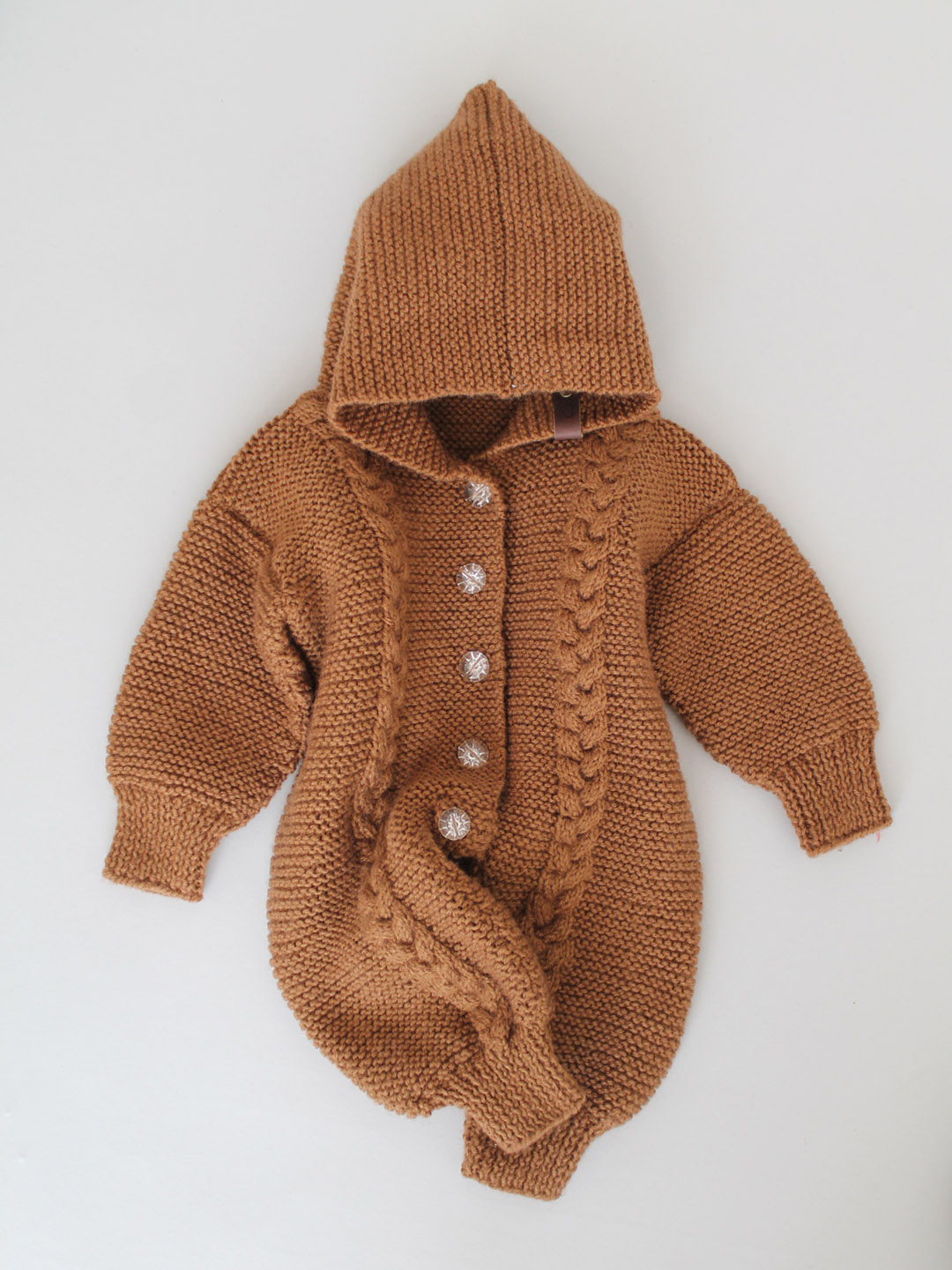Handknitted Hooded Cable Knit Jumpsuit for Infants - Brown
