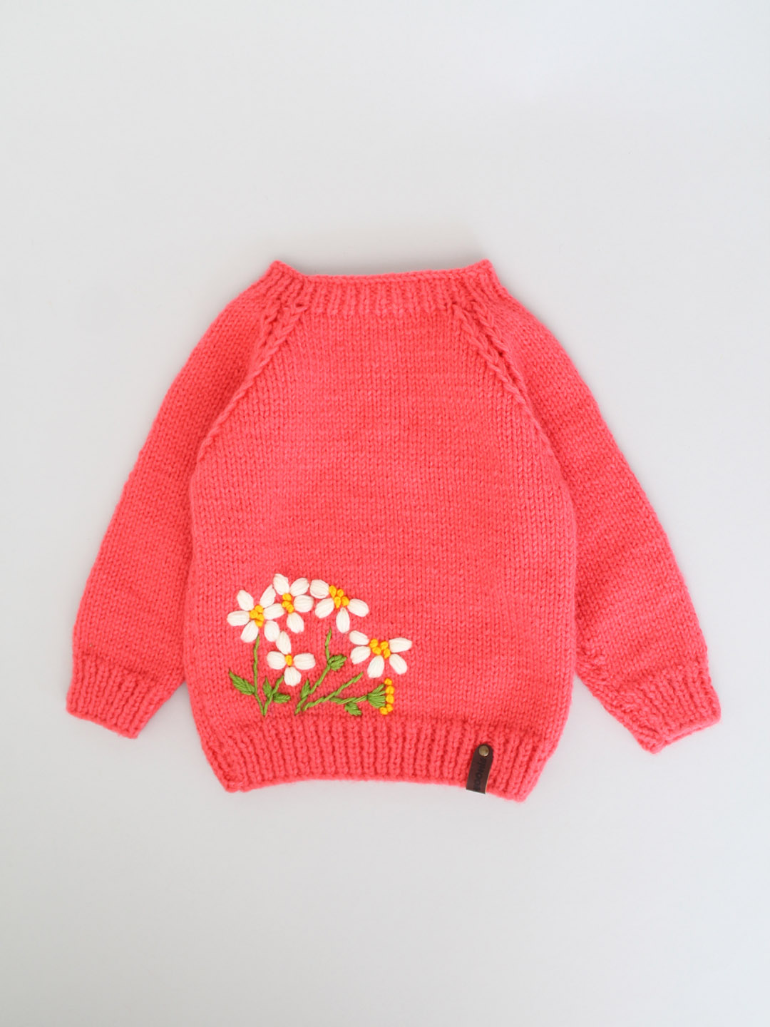 Handknitted Infant Floral Embroidered Sweater - Coral Red