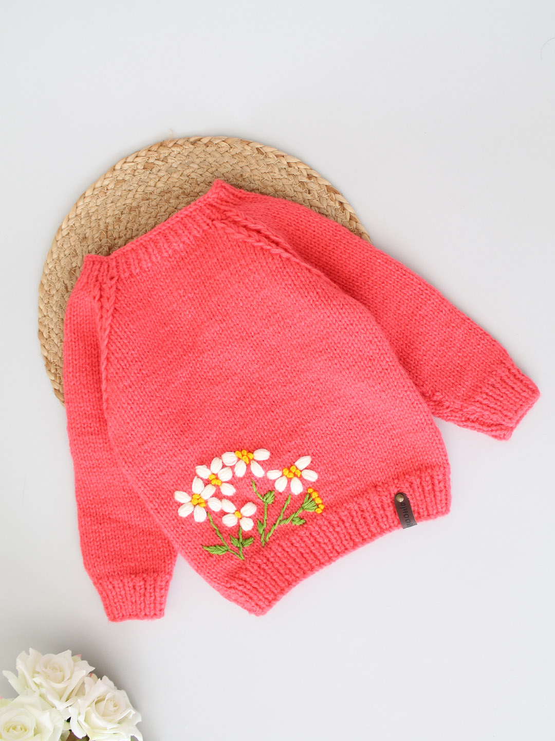 Handknitted Infant Floral Embroidered Sweater - Coral Red