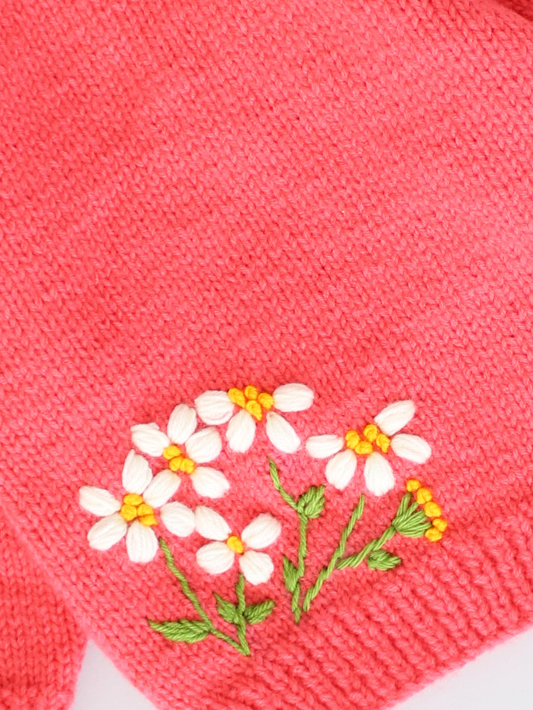 Handknitted Infant Floral Embroidered Sweater - Coral Red