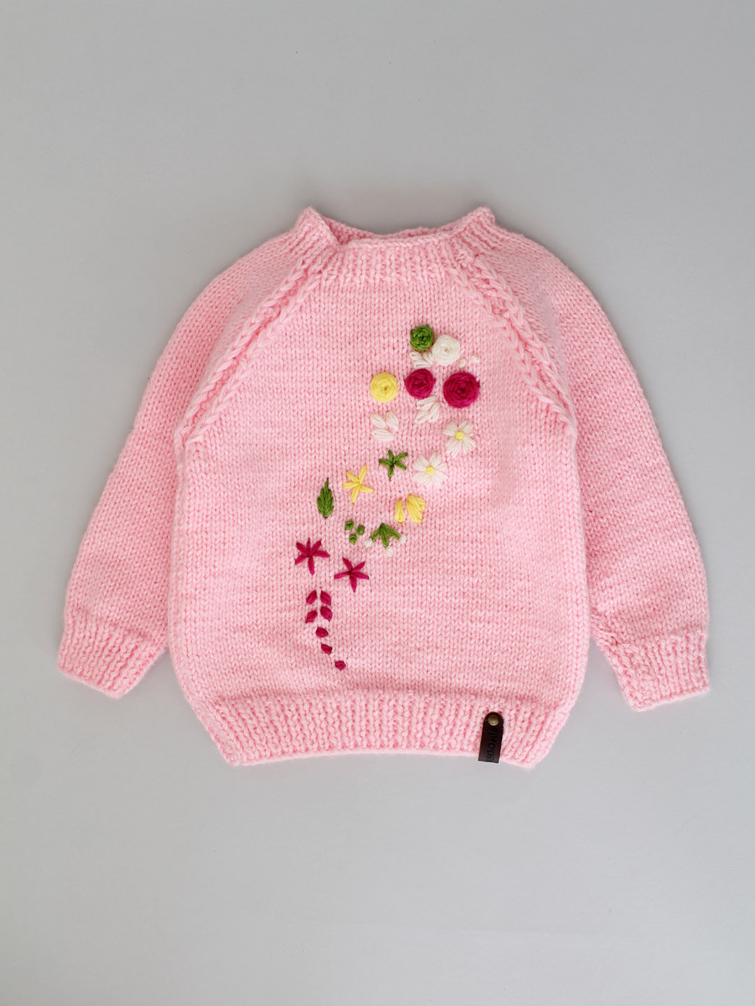Handknitted Leaf Newborn Embroidered Sweater - Pink