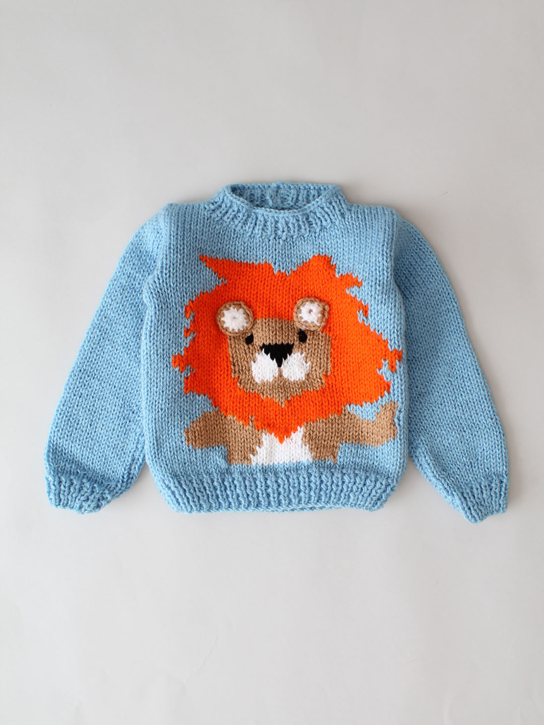 Handknitted Lion Face Matching Sweater and Pants Set - Blue