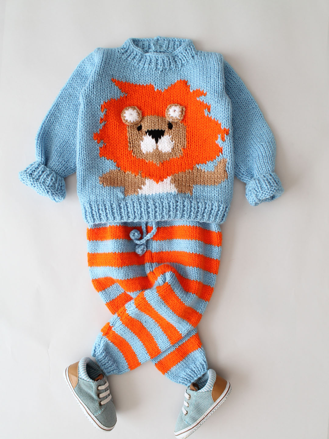 Handknitted Lion Face Matching Sweater and Pants Set - Blue
