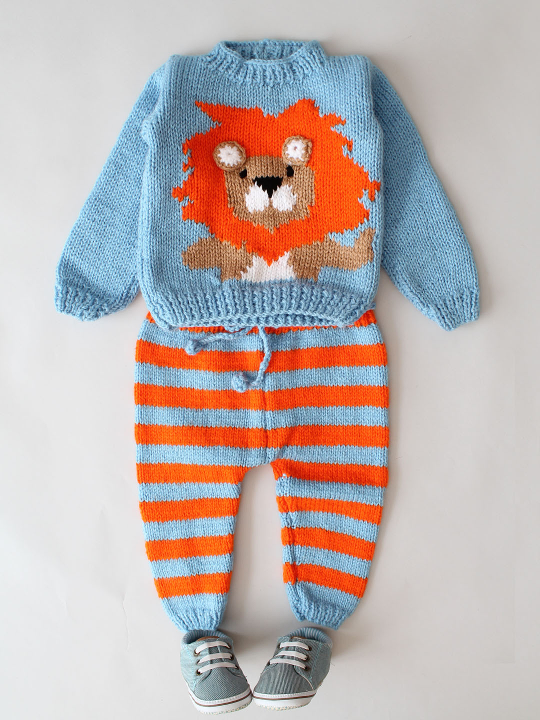 Handknitted Lion Face Matching Sweater and Pants Set - Blue