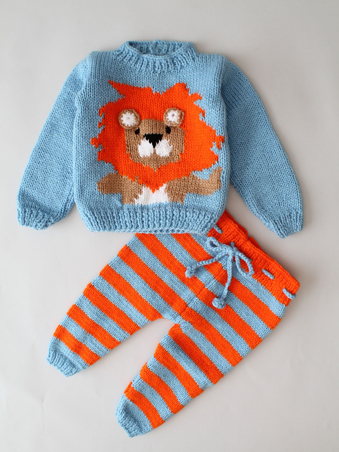 Handknitted Lion Face Matching Sweater and Pants Set - Blue