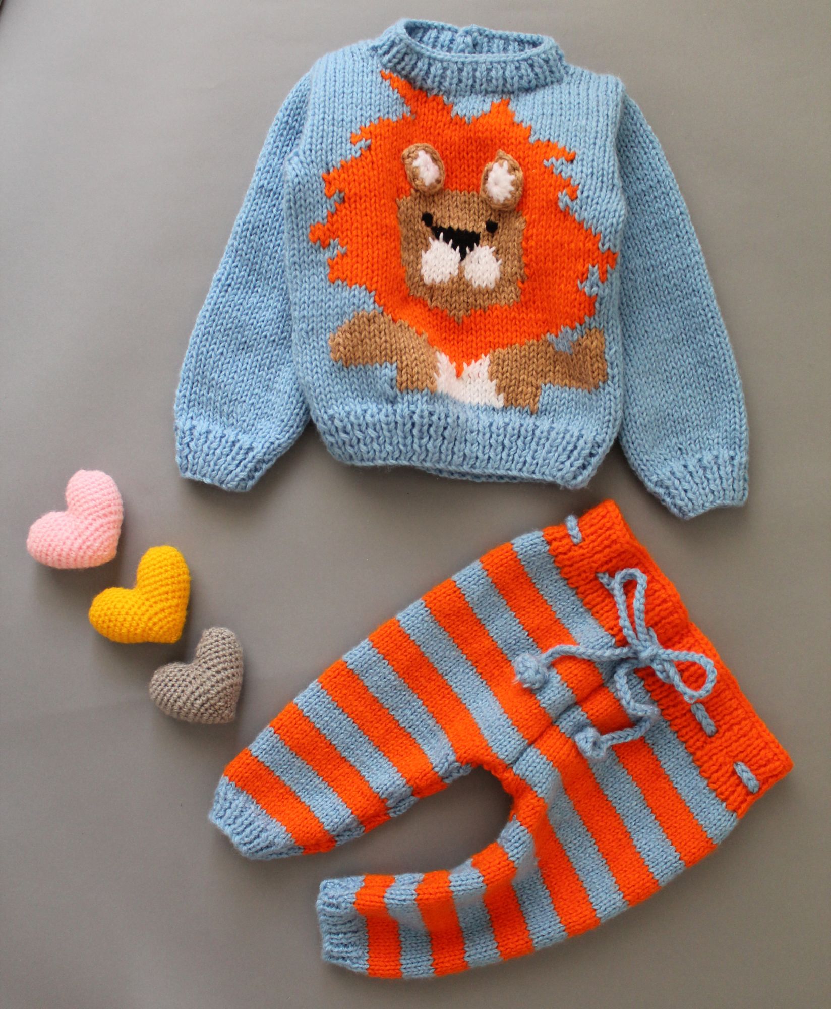 Handknitted Lion Face Matching Sweater and Pants Set - Blue