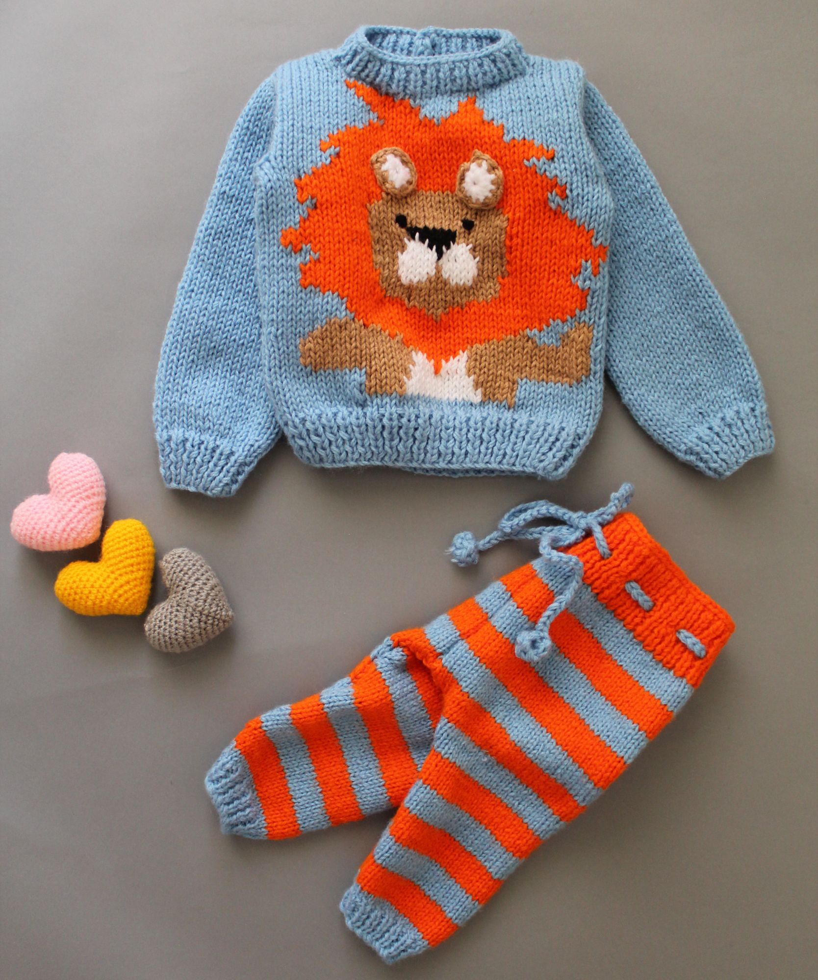 Handknitted Lion Face Matching Sweater and Pants Set - Blue