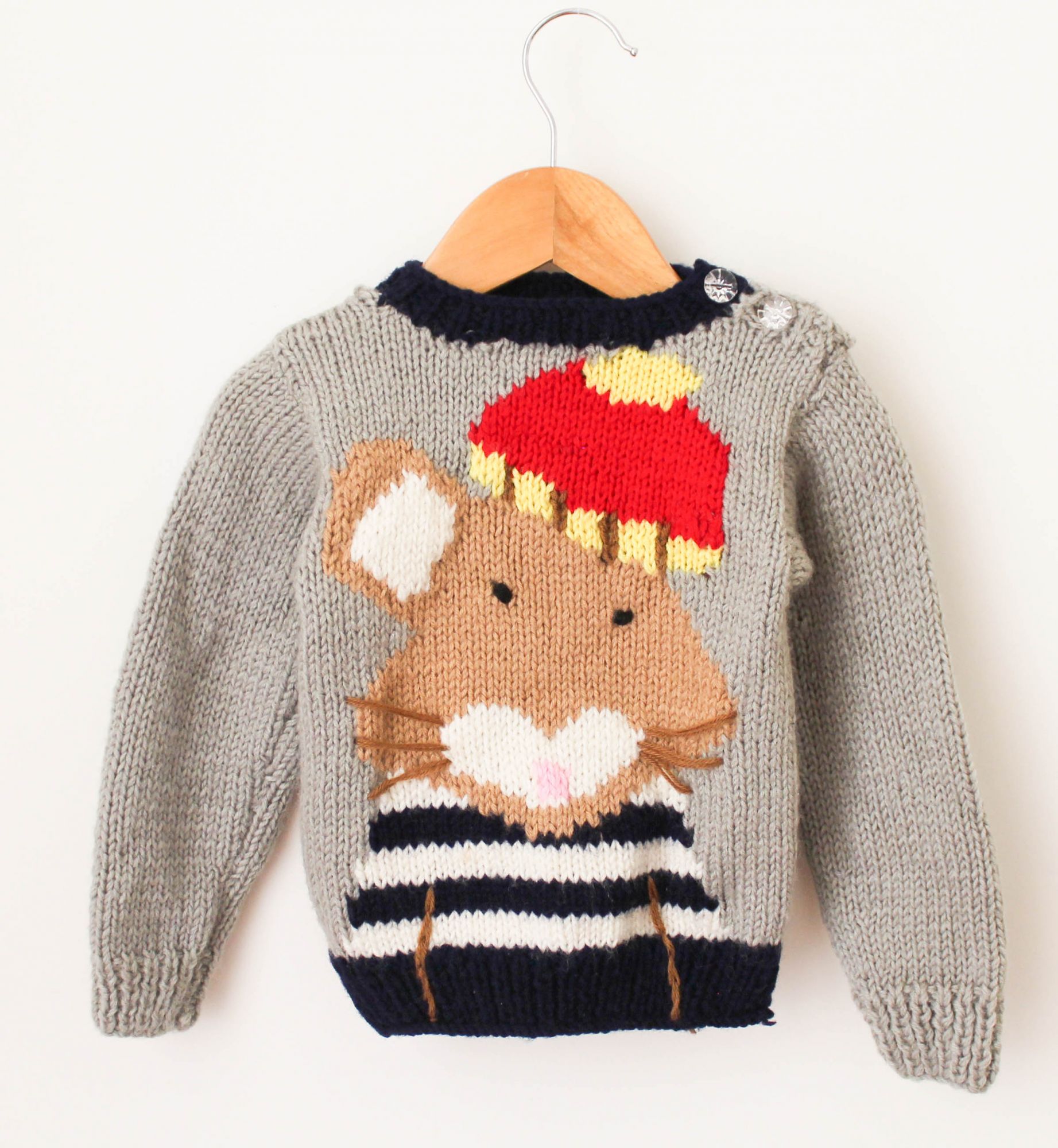 Handknitted Mouse Detailing Woollen Sweater For Infants - Grey
