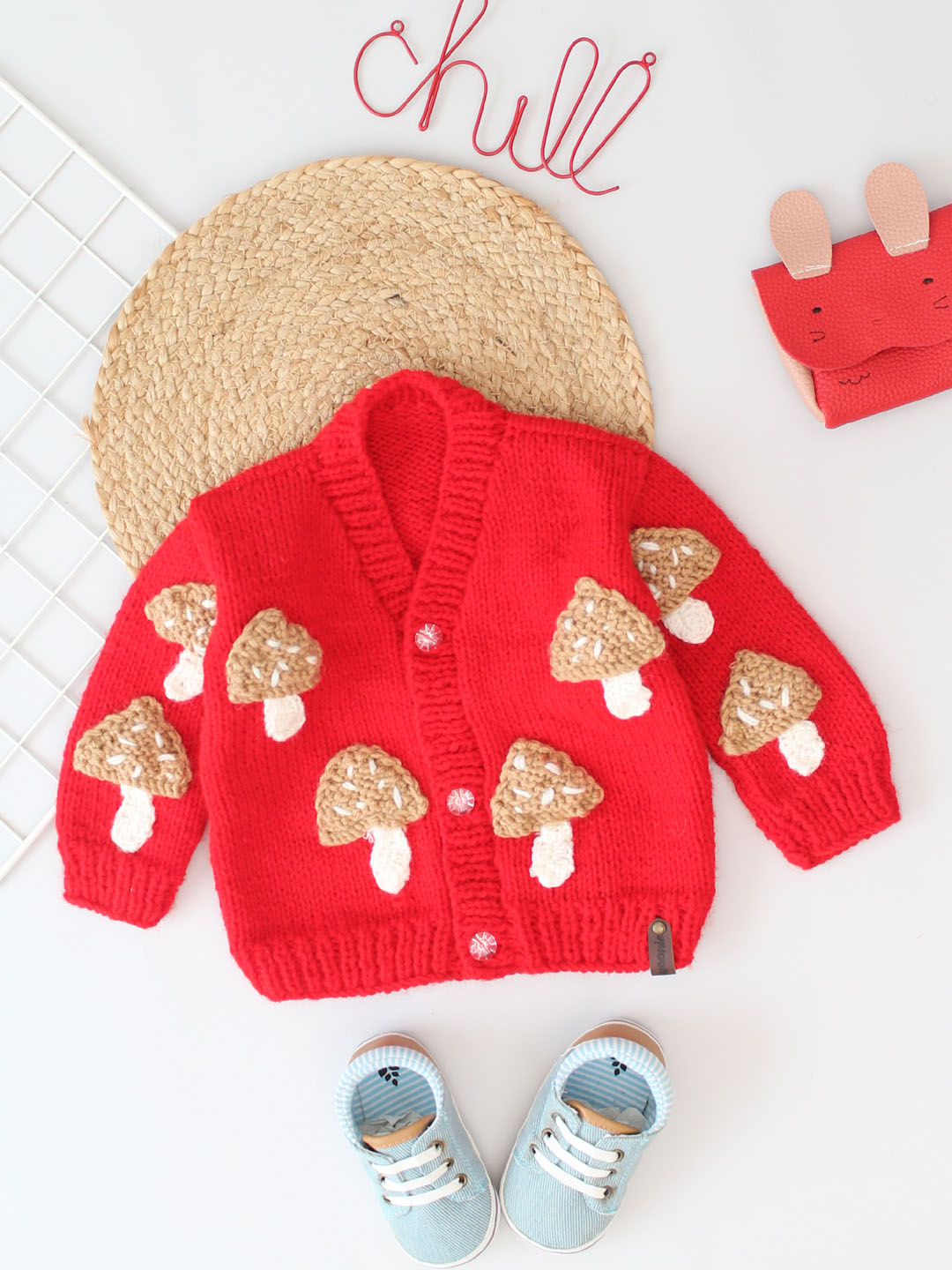 Handknitted Mushroom Applique Sweater for Kids - Red