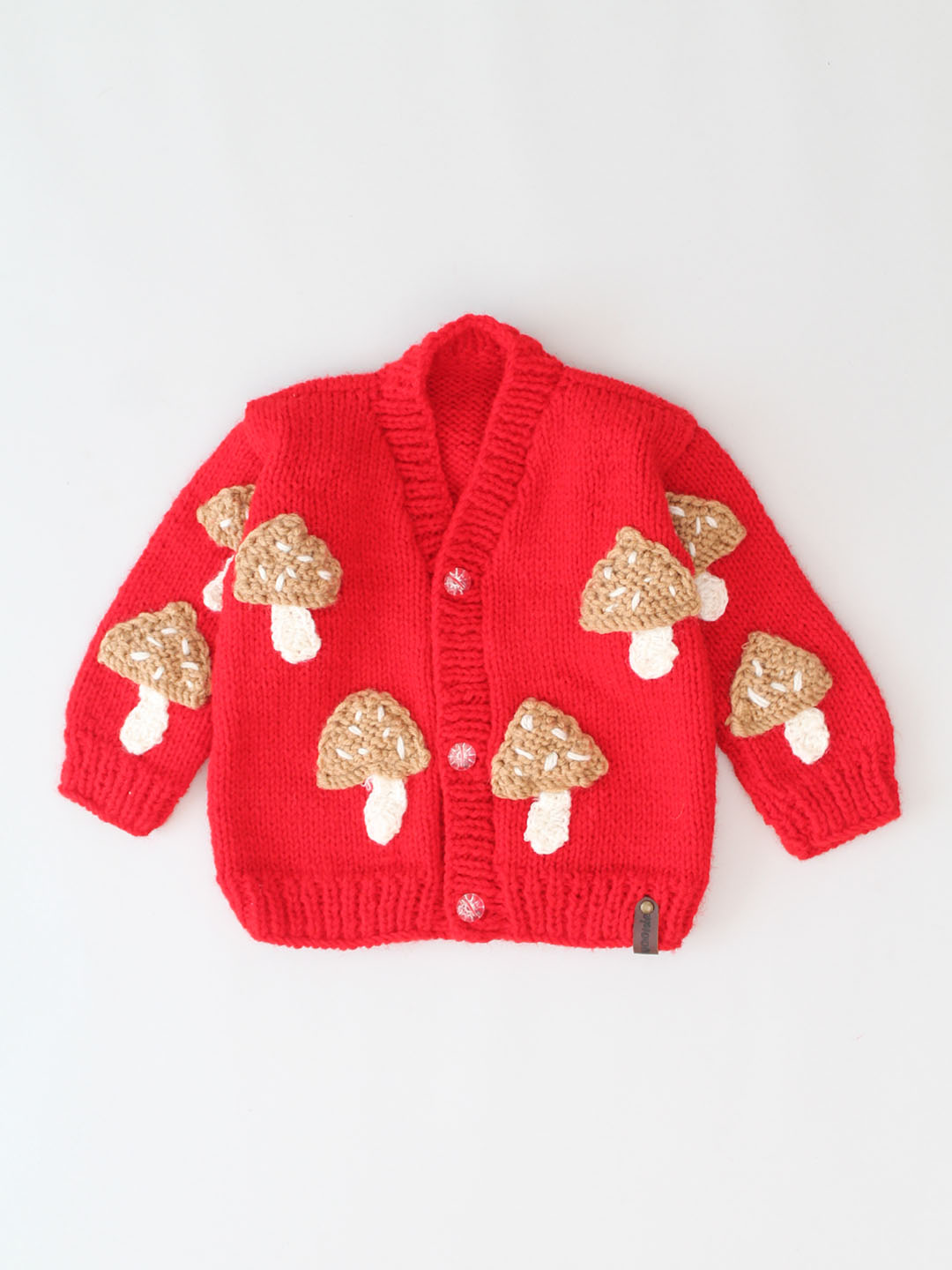 Handknitted Mushroom Applique Sweater for Kids - Red