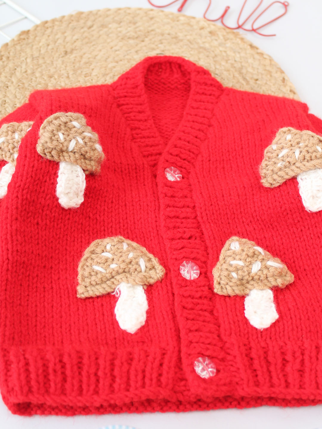 Handknitted Mushroom Applique Sweater for Kids - Red