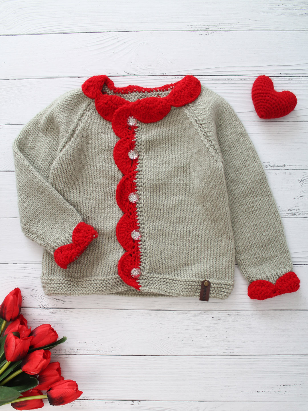 Handknitted New Born Sweater with Scalloped Border - Grey