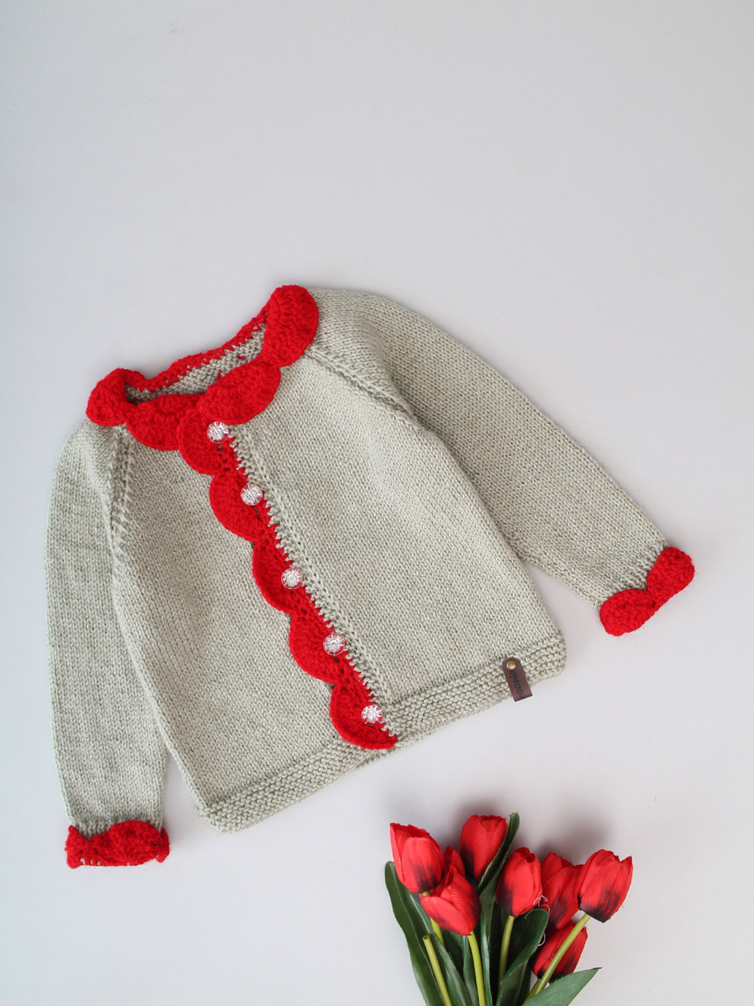 Handknitted New Born Sweater with Scalloped Border - Grey