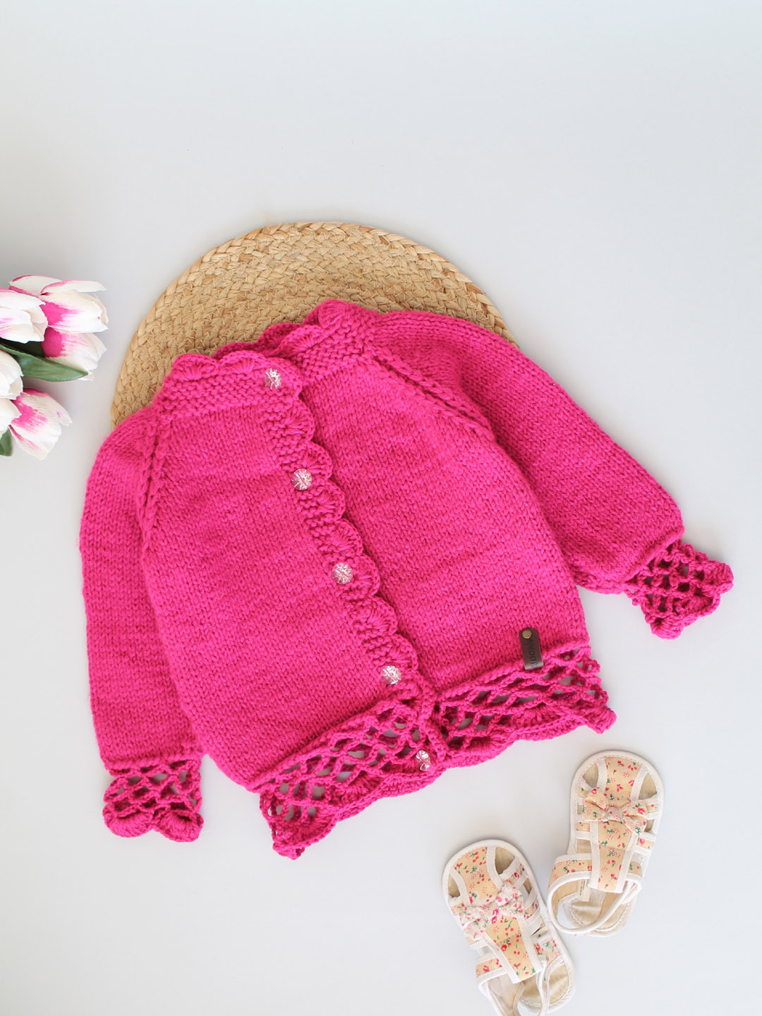 Handknitted New Born Sweater with Scalloped Border - Magenta