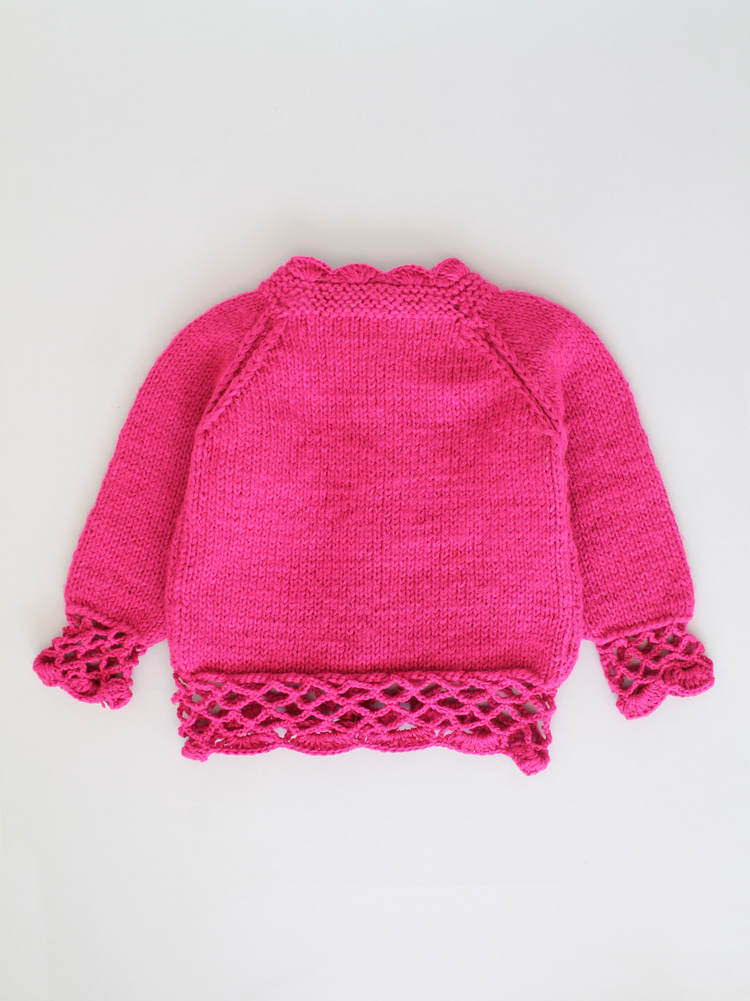Handknitted New Born Sweater with Scalloped Border - Magenta