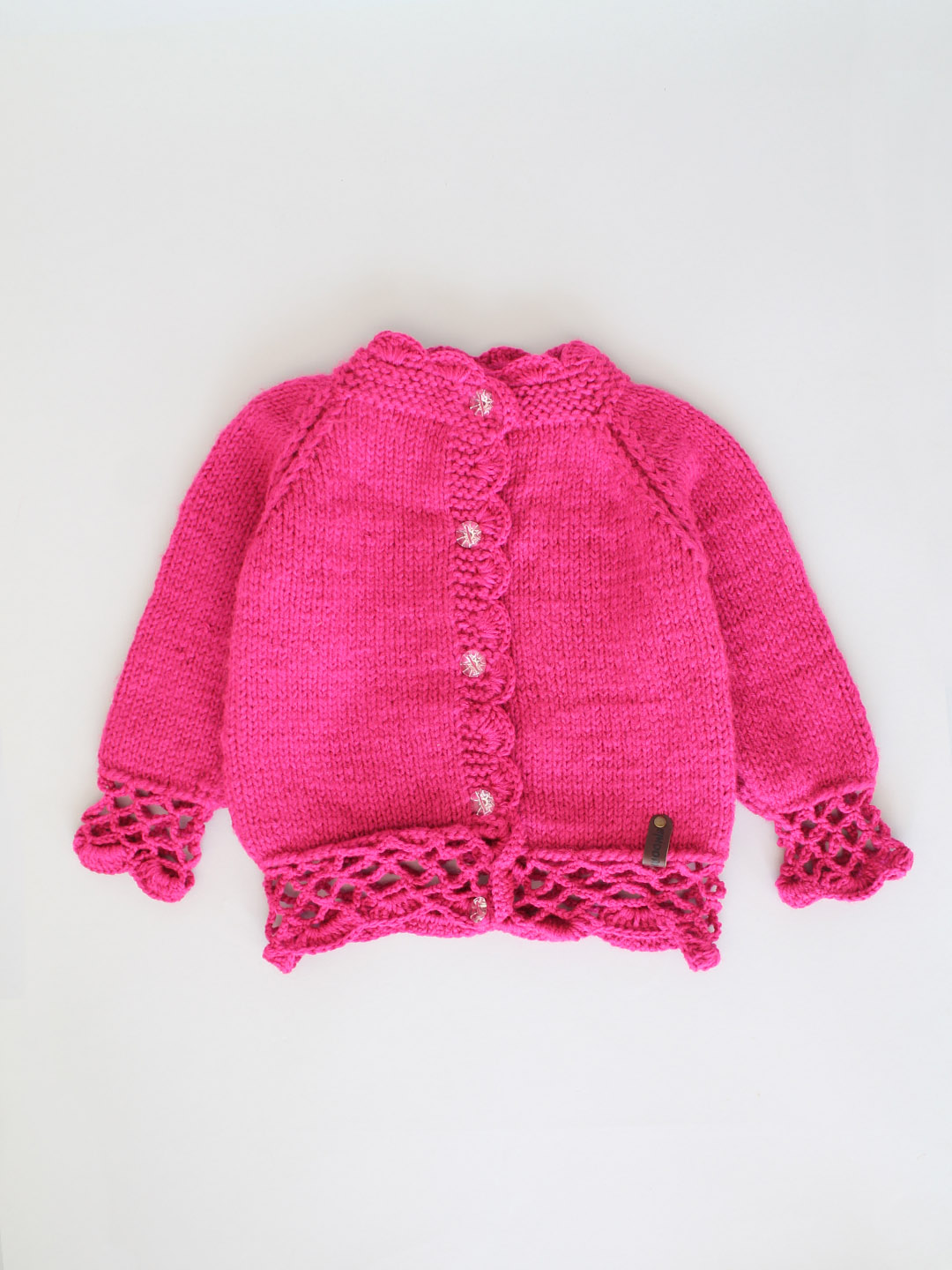 Handknitted New Born Sweater with Scalloped Border - Magenta