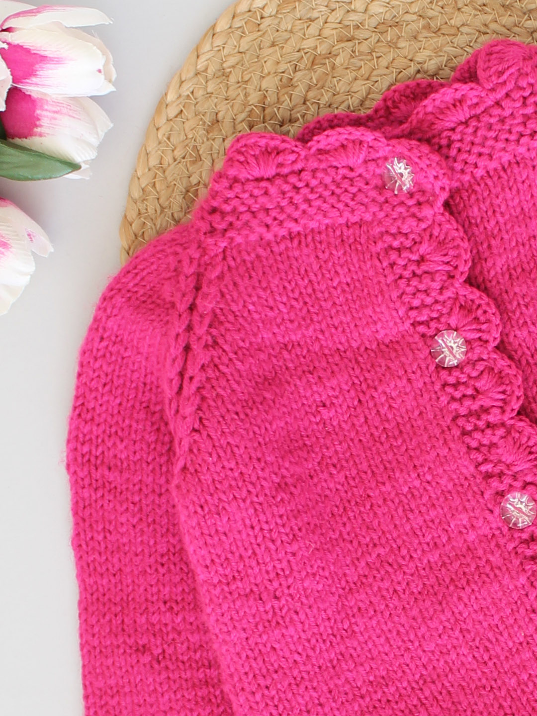 Handknitted New Born Sweater with Scalloped Border - Magenta
