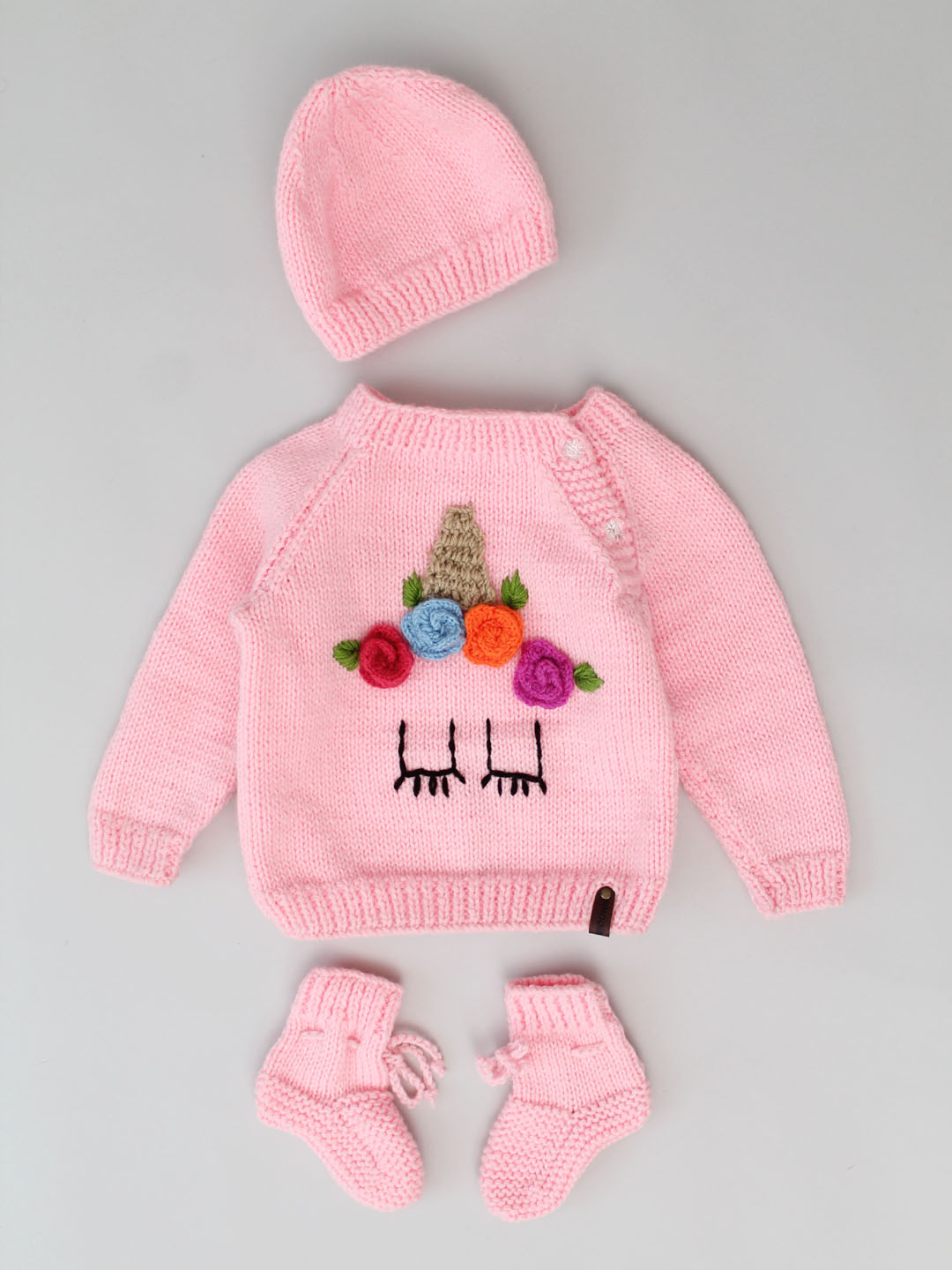 Handknitted Newborn Unicorn Sweater Set - Pink