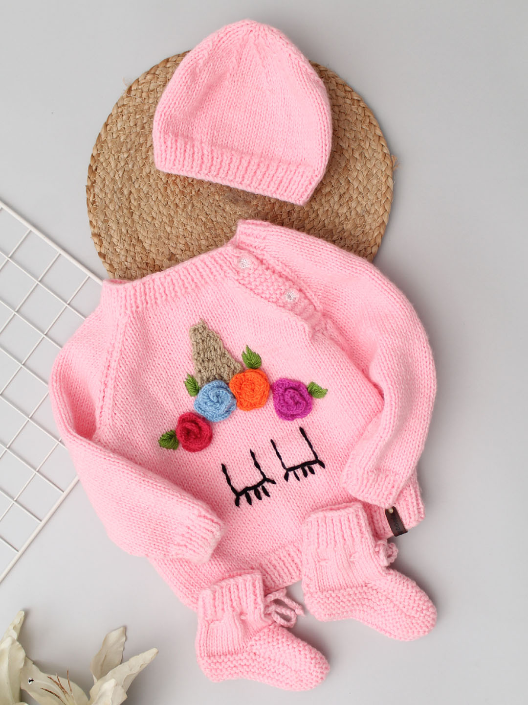 Handknitted Newborn Unicorn Sweater Set Pink