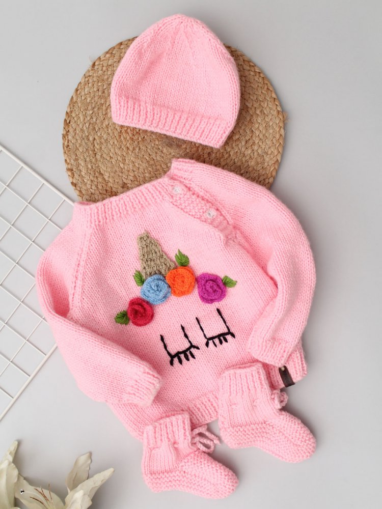 Handknitted Newborn Unicorn Sweater Set Pink - Main Image