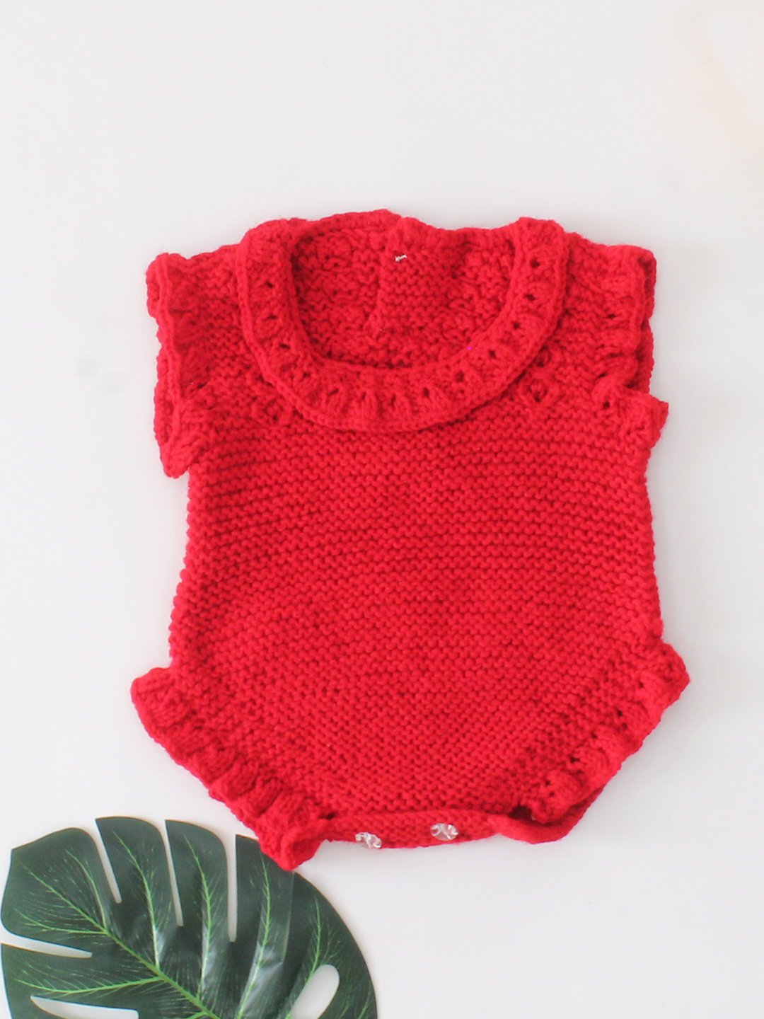 Handknitted Newborn Winter Romper with Frills - Red