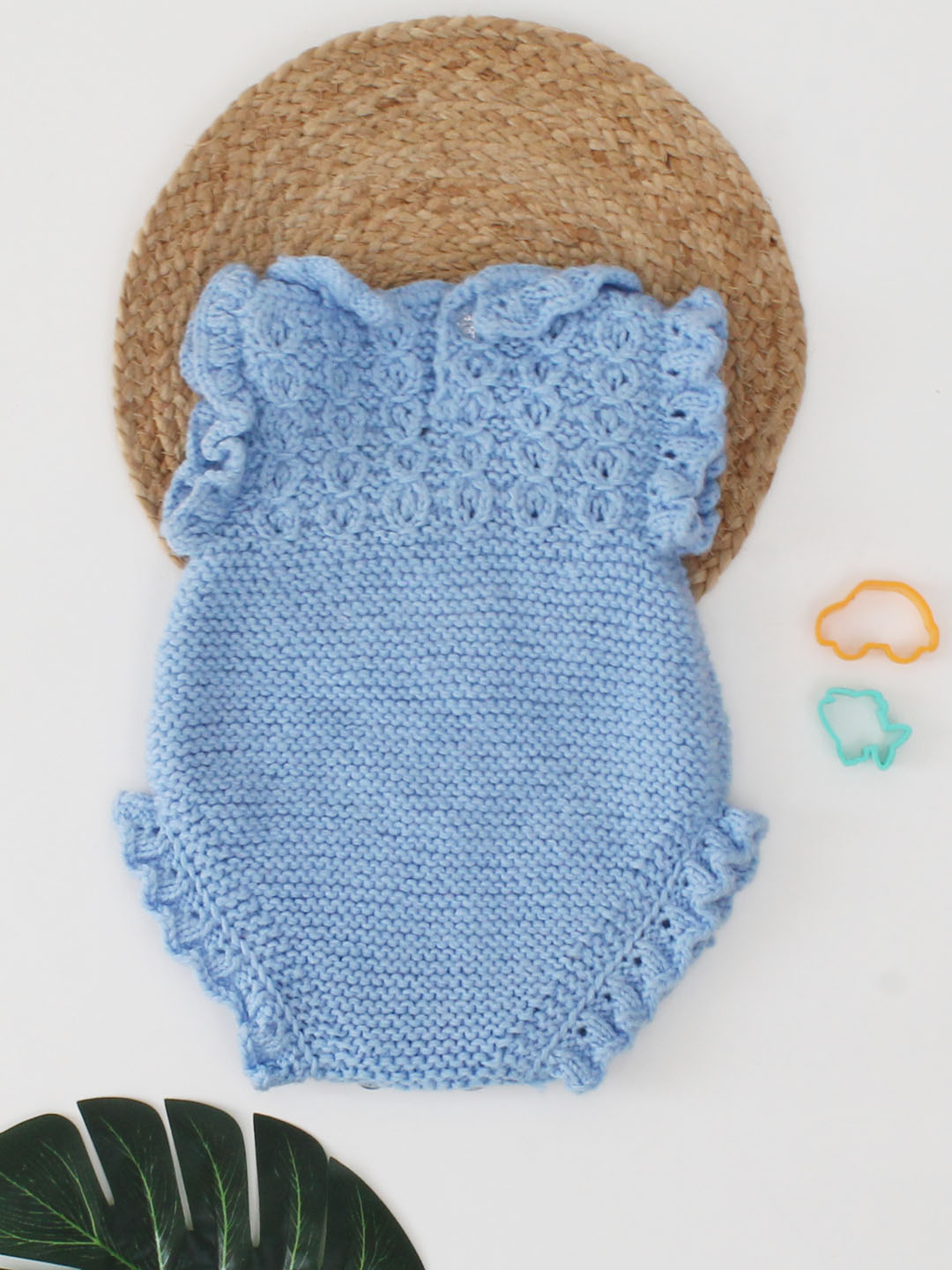 Handknitted Newborn Winter Romper with Frills - Sky Blue