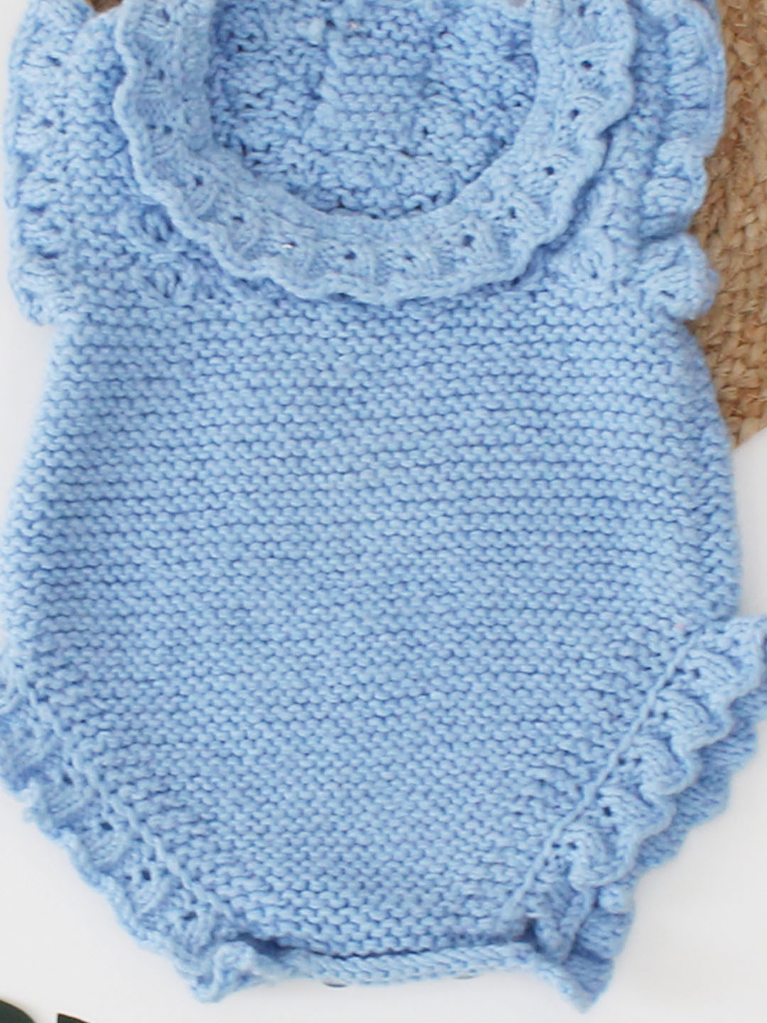 Handknitted Newborn Winter Romper with Frills - Sky Blue
