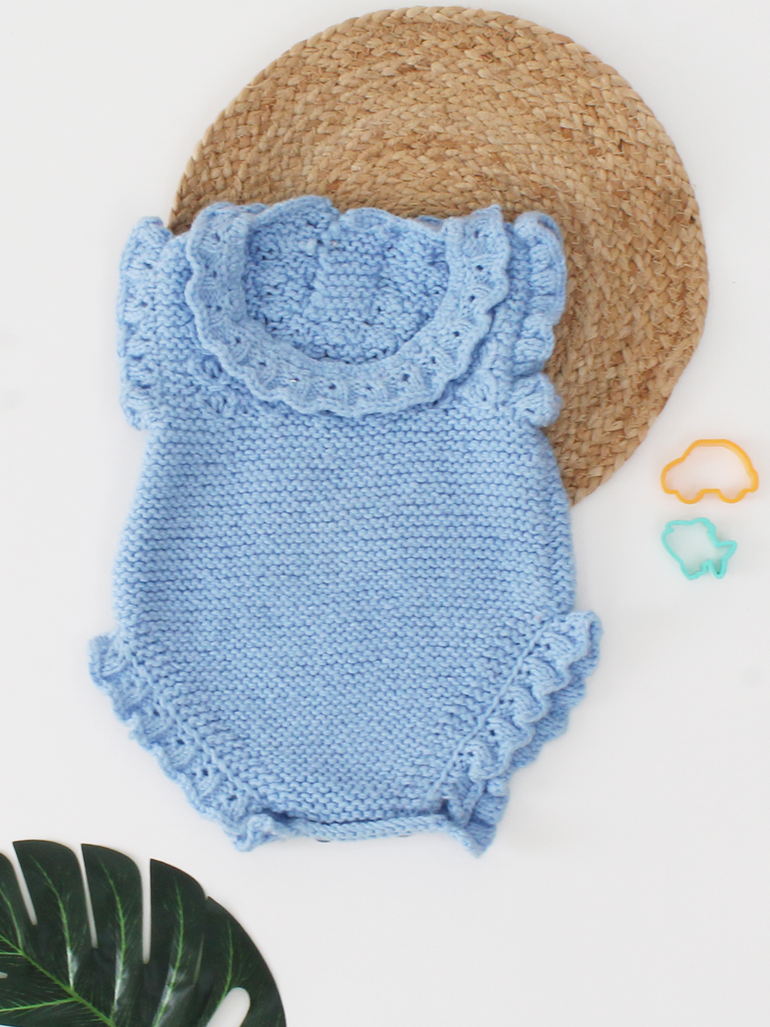 Handknitted Newborn Winter Romper with Frills - Sky Blue
