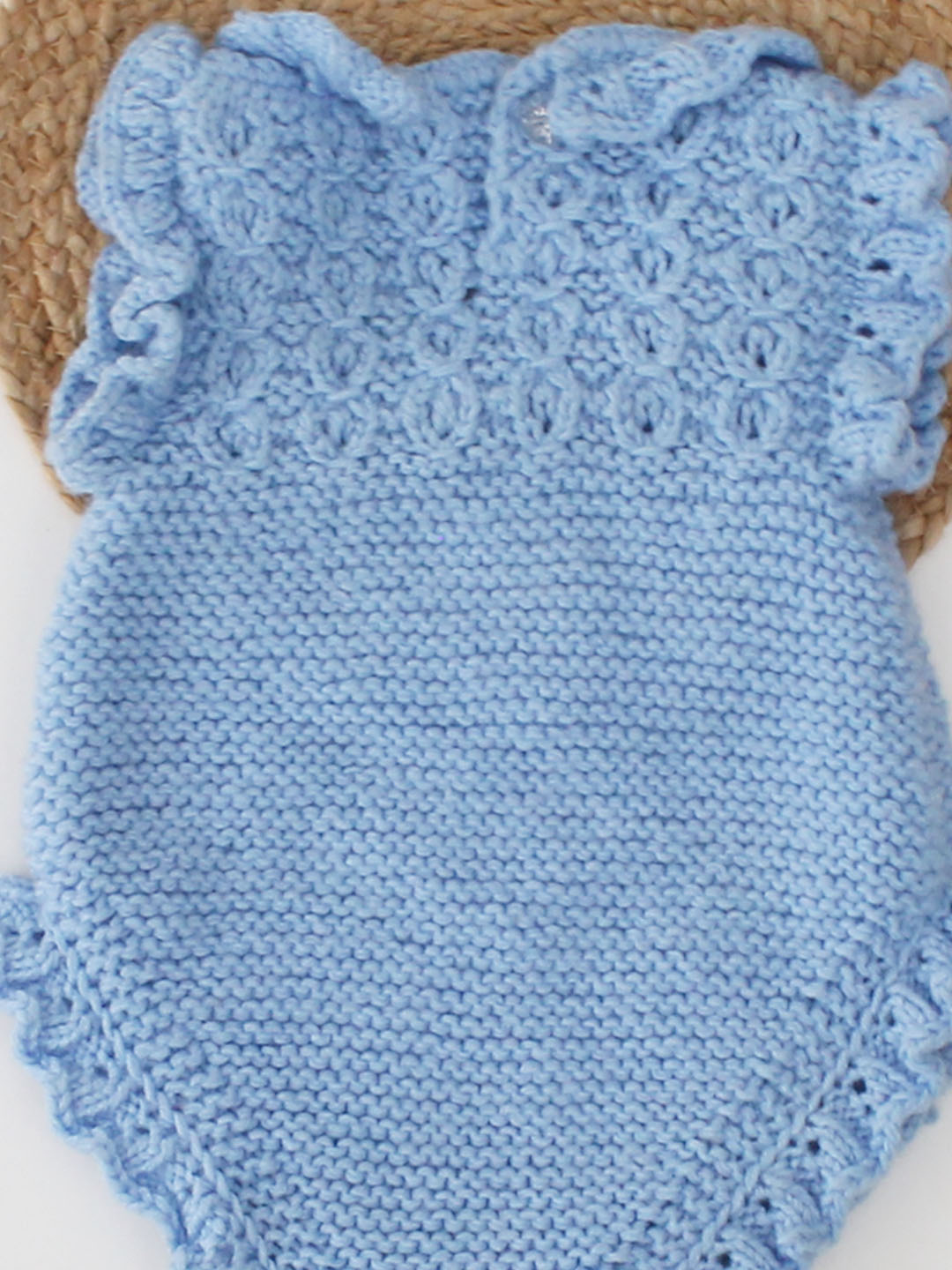 Handknitted Newborn Winter Romper with Frills - Sky Blue