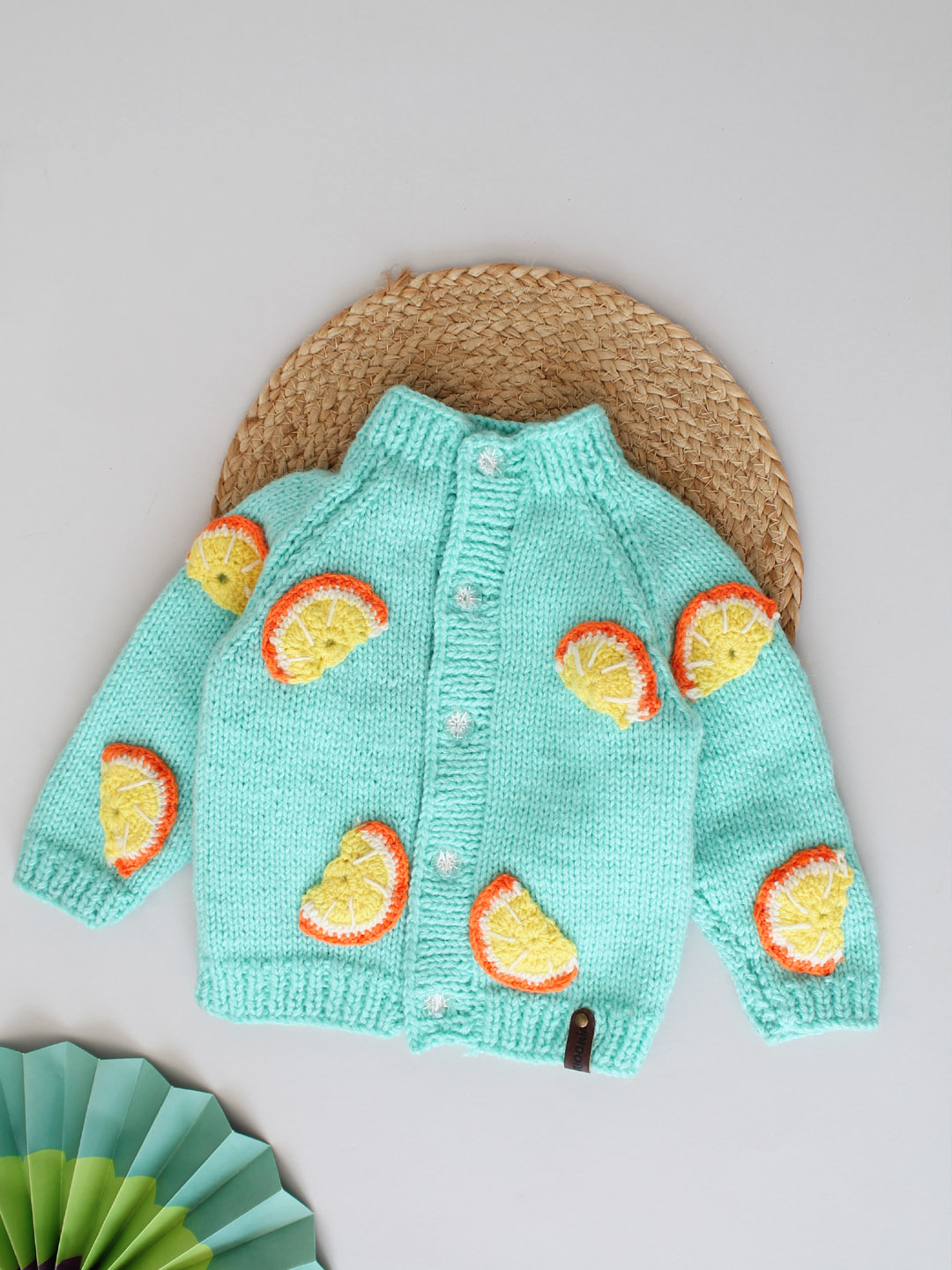Handknitted Orange Slices Cardigan for Kids - Turquoise