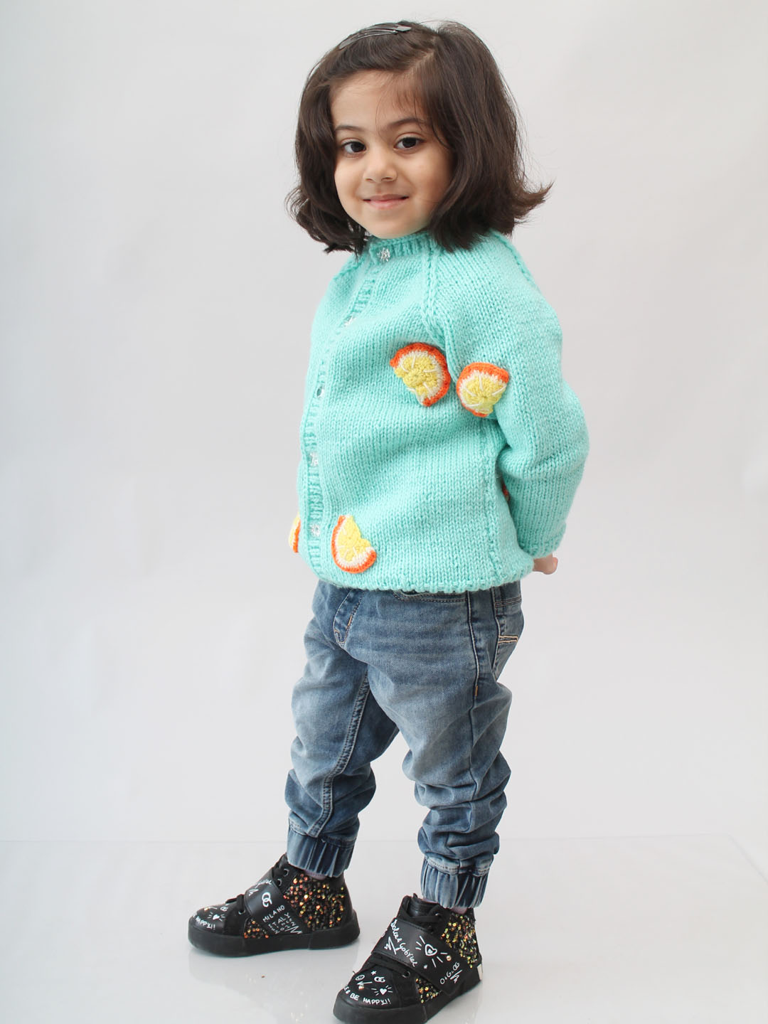 Handknitted Orange Slices Cardigan for Kids - Turquoise