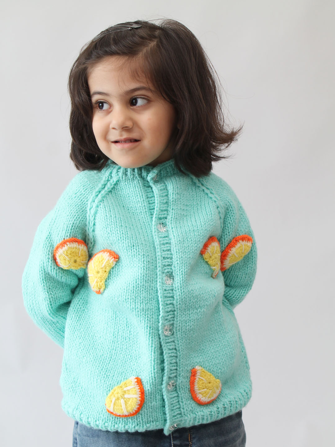 Handknitted Orange Slices Cardigan for Kids - Turquoise