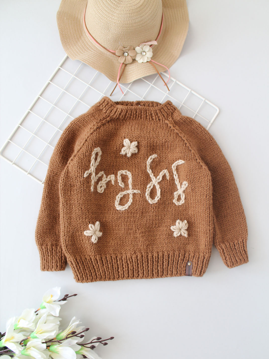 Handknitted Personalised Jumper for Baby Girl - Beige