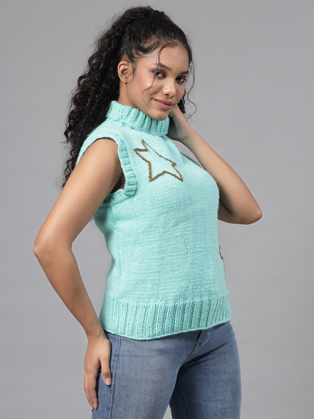 Handknitted Polo Neck Star Embroidery Pullover for Women