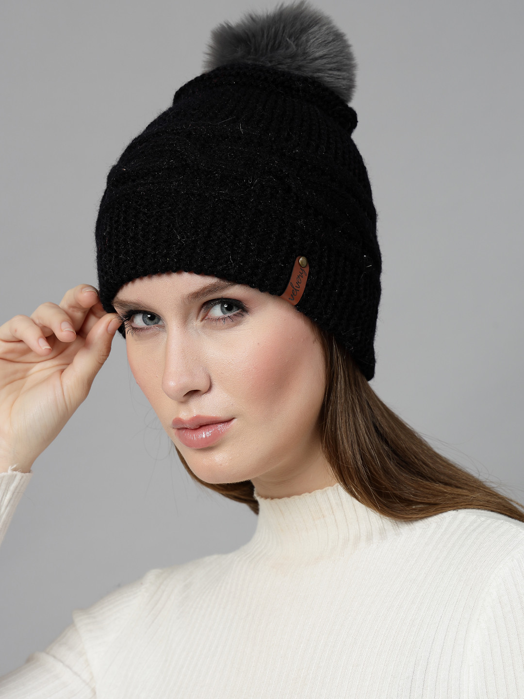 Handknitted Pom-Pom Detail Self Design Ladies Beanie- Black