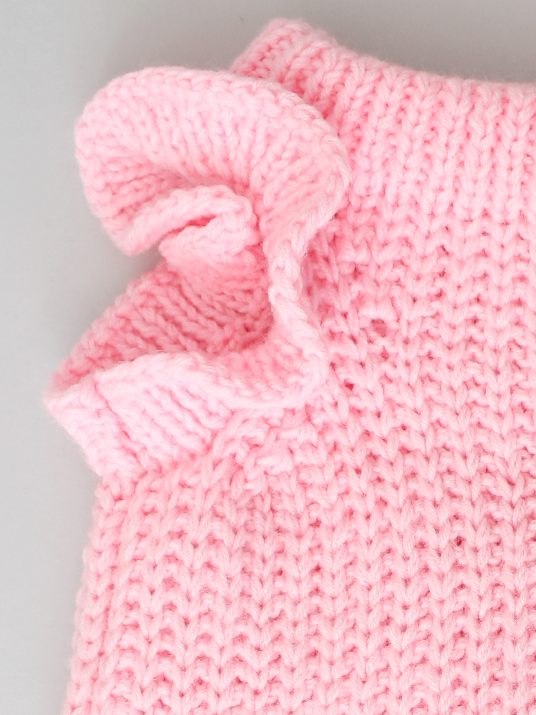 Handknitted Ribbed Pullover with Frill at Shoulder - Baby Pink