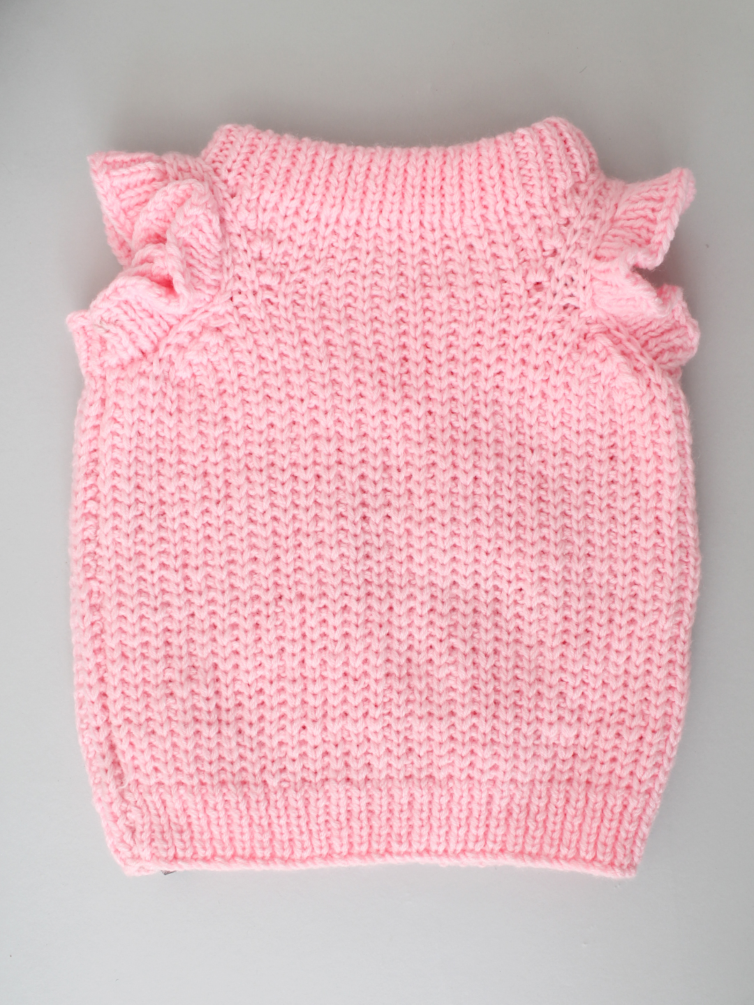 Handknitted Ribbed Pullover with Frill at Shoulder - Baby Pink