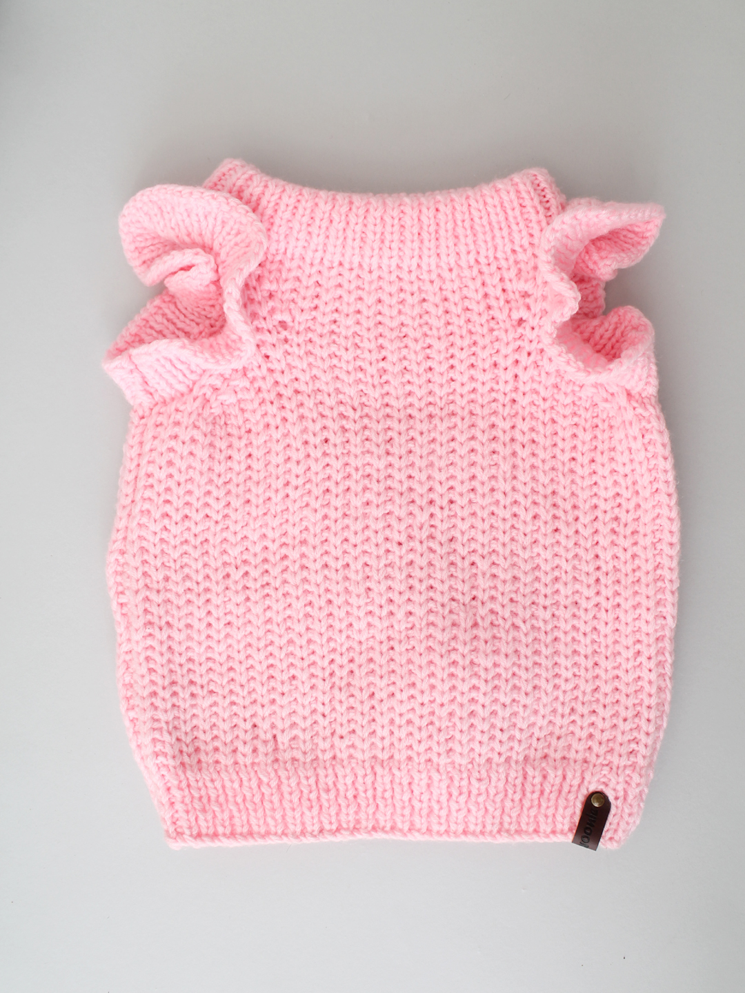 Handknitted Ribbed Pullover with Frill at Shoulder - Baby Pink