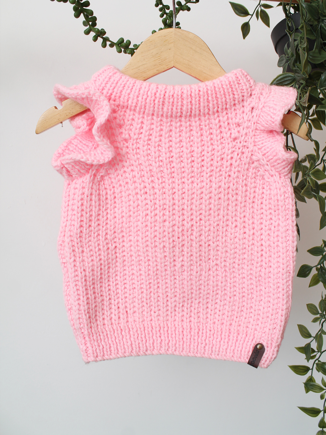 Handknitted Ribbed Pullover with Frill at Shoulder - Baby Pink