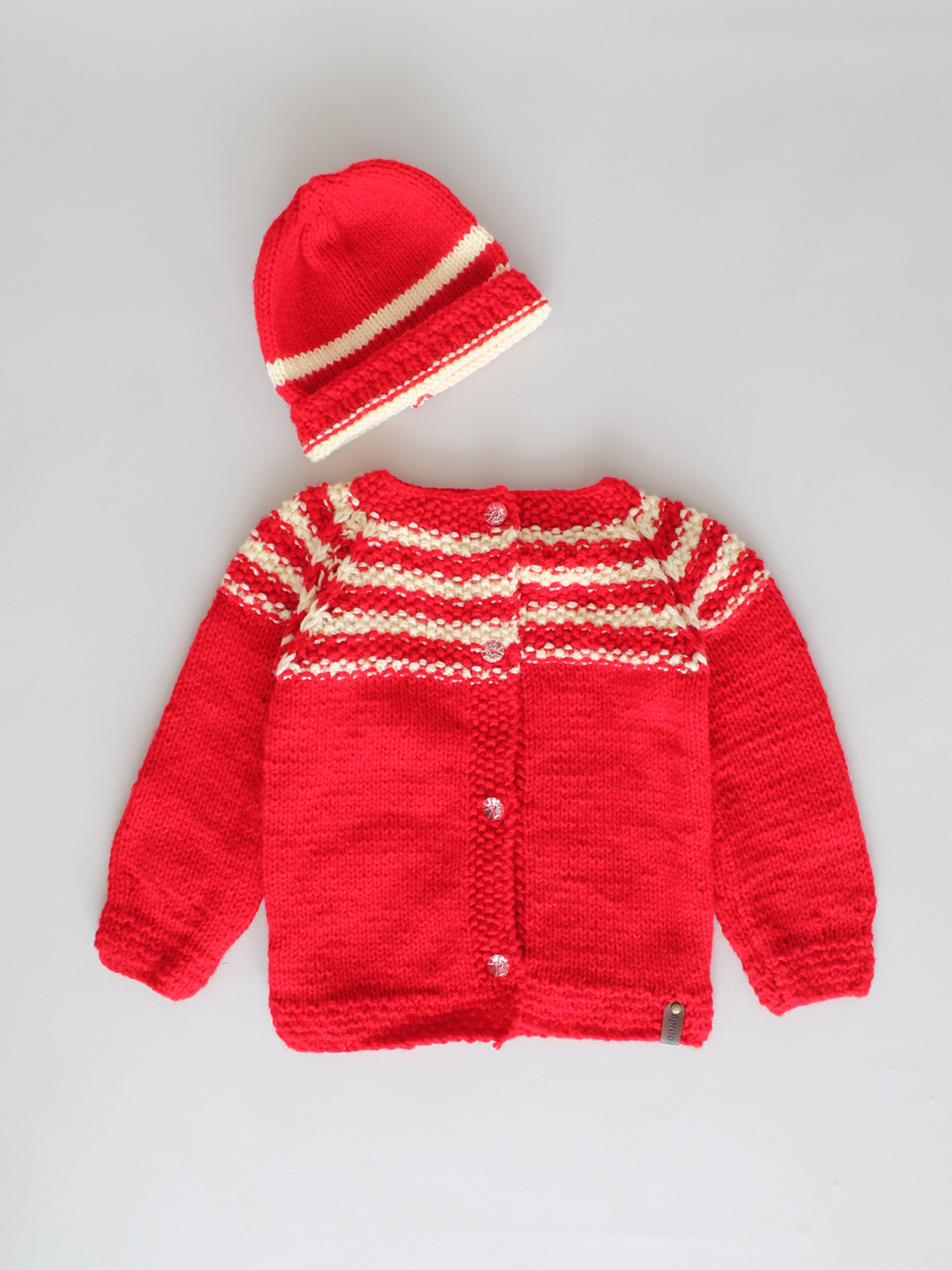 Handknitted Seed Stitch Front Open Newborn Sweater Set - Red