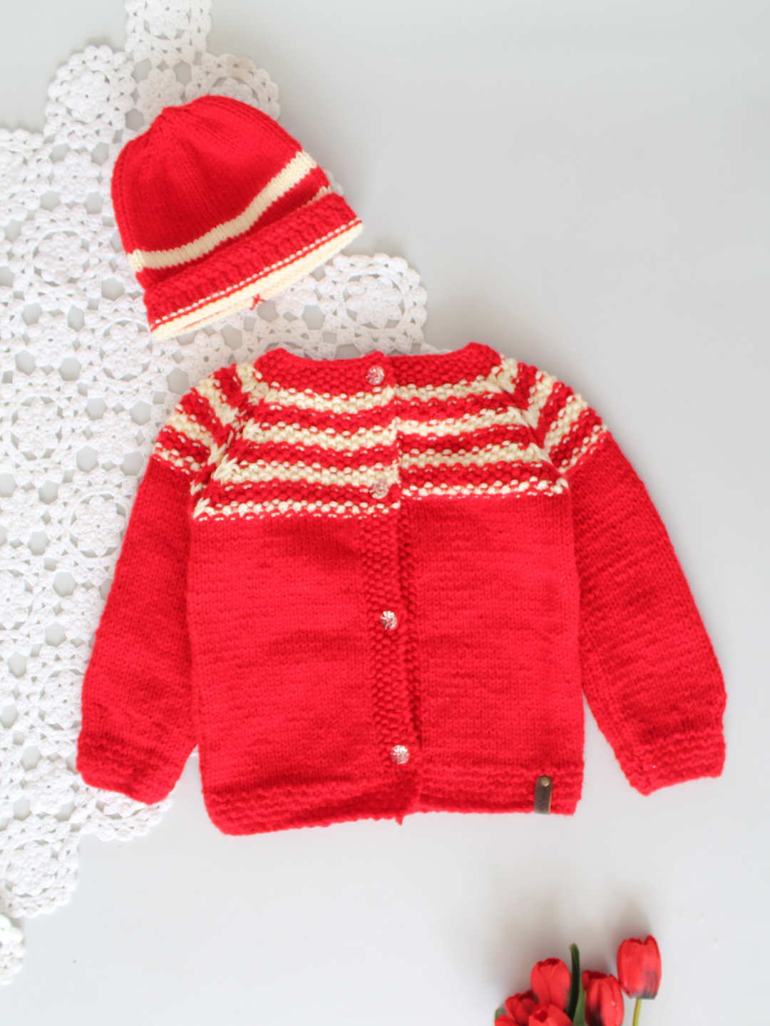 Handknitted Seed Stitch Front Open Newborn Sweater Set - Red