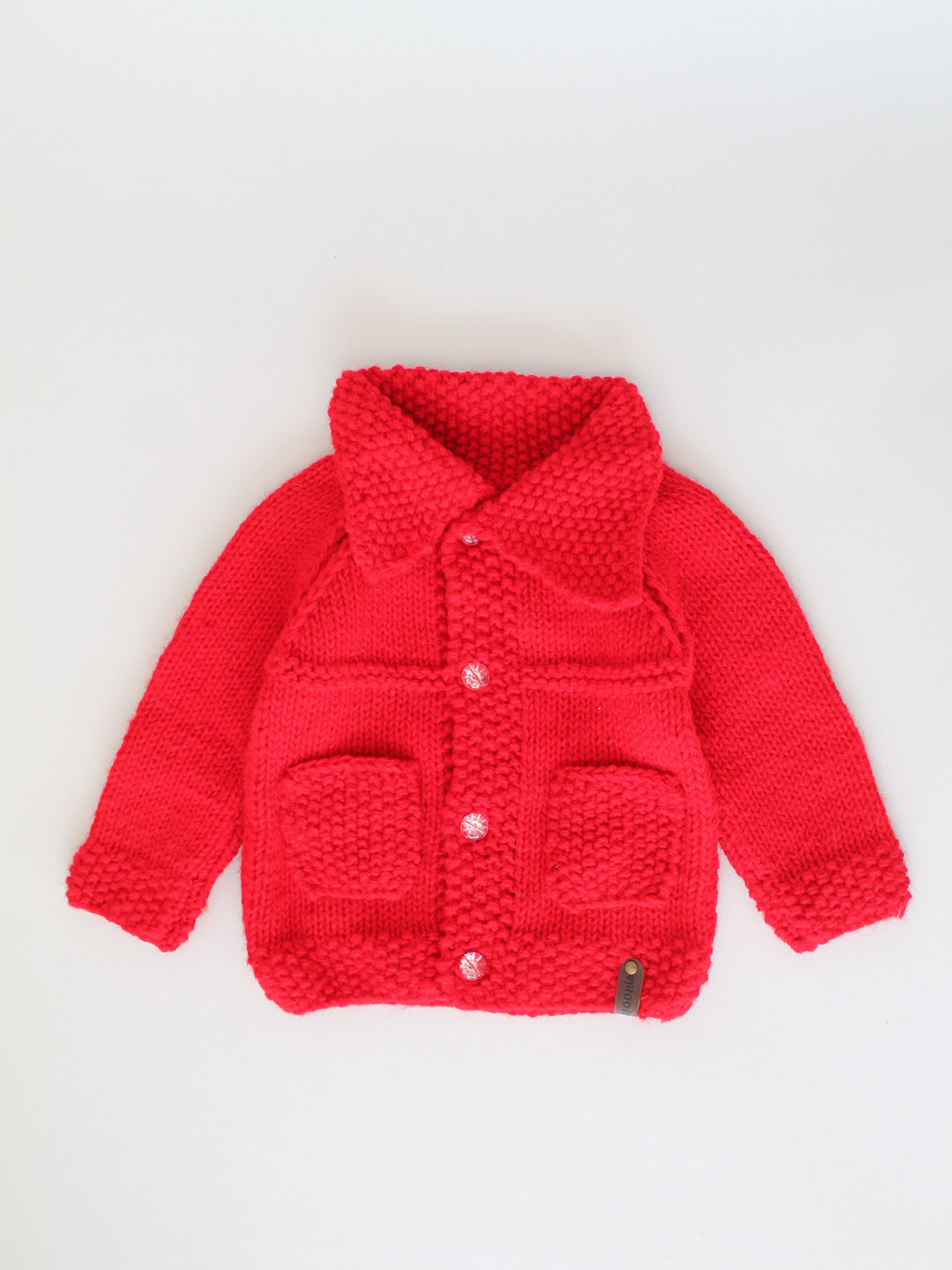 Handknitted Seed Stitch Sweater with Pocket - Red