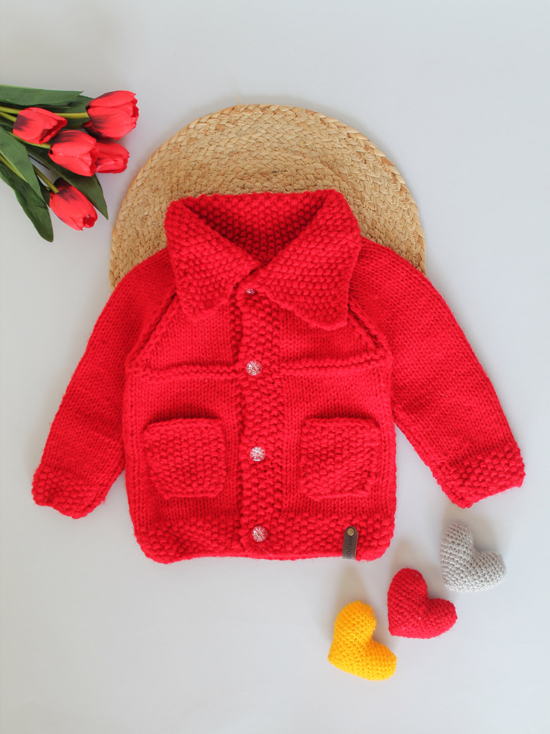 Handknitted Seed Stitch Sweater with Pocket - Red