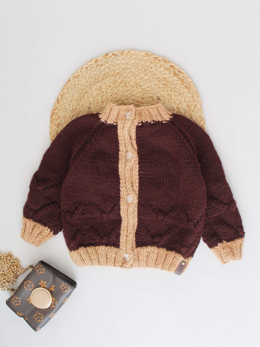 Handknitted Self Design Front Open Cardigan - Dark Brown