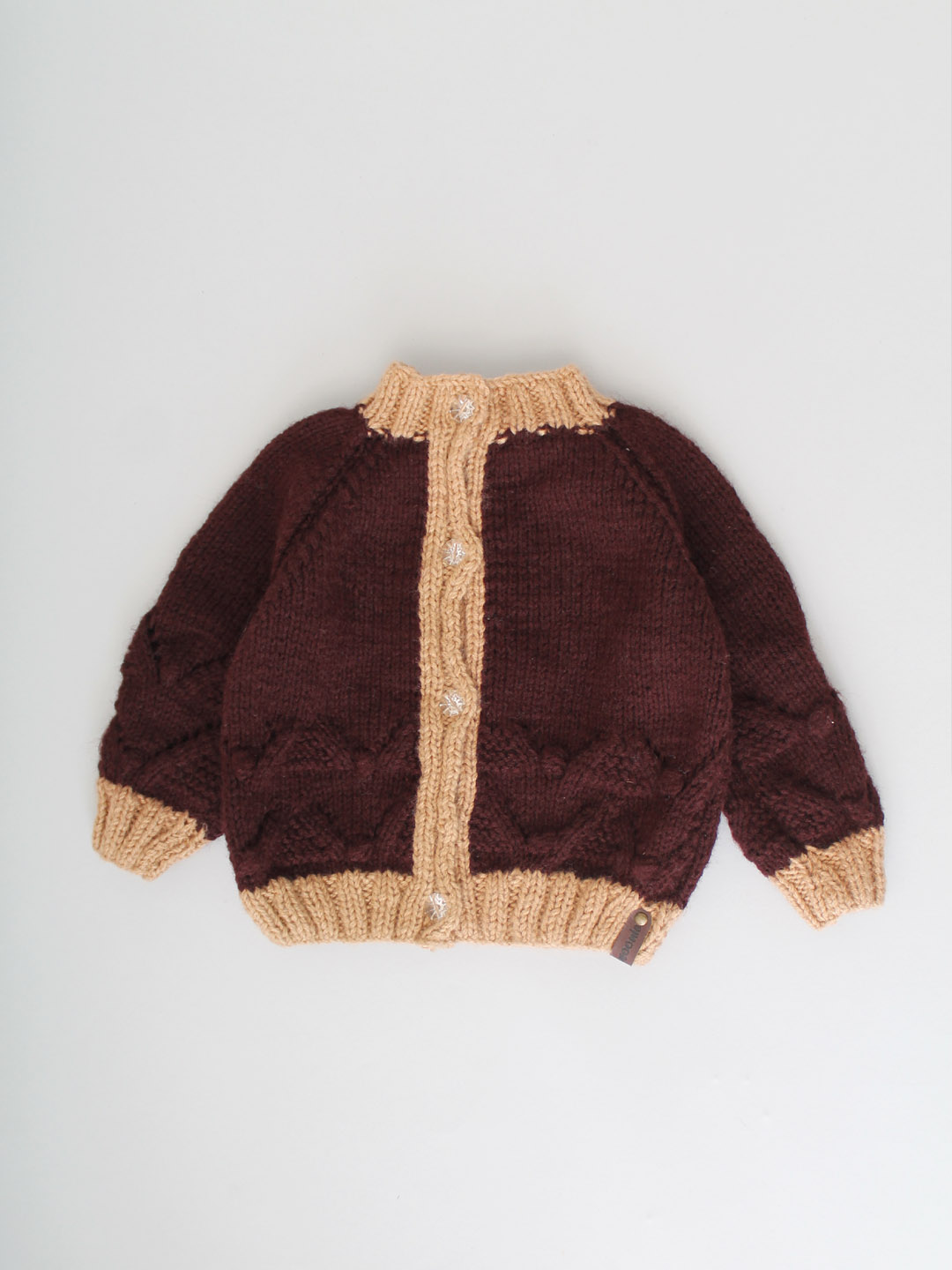 Handknitted Self Design Front Open Cardigan - Dark Brown