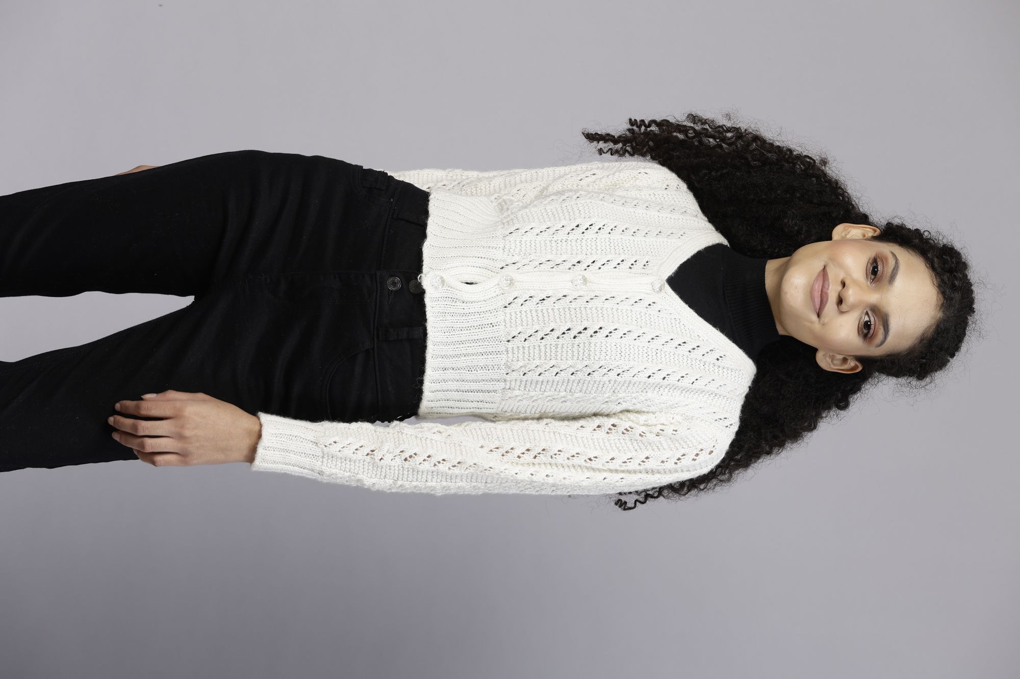 Handknitted Self Design Front Open Crop Sweater - Cream